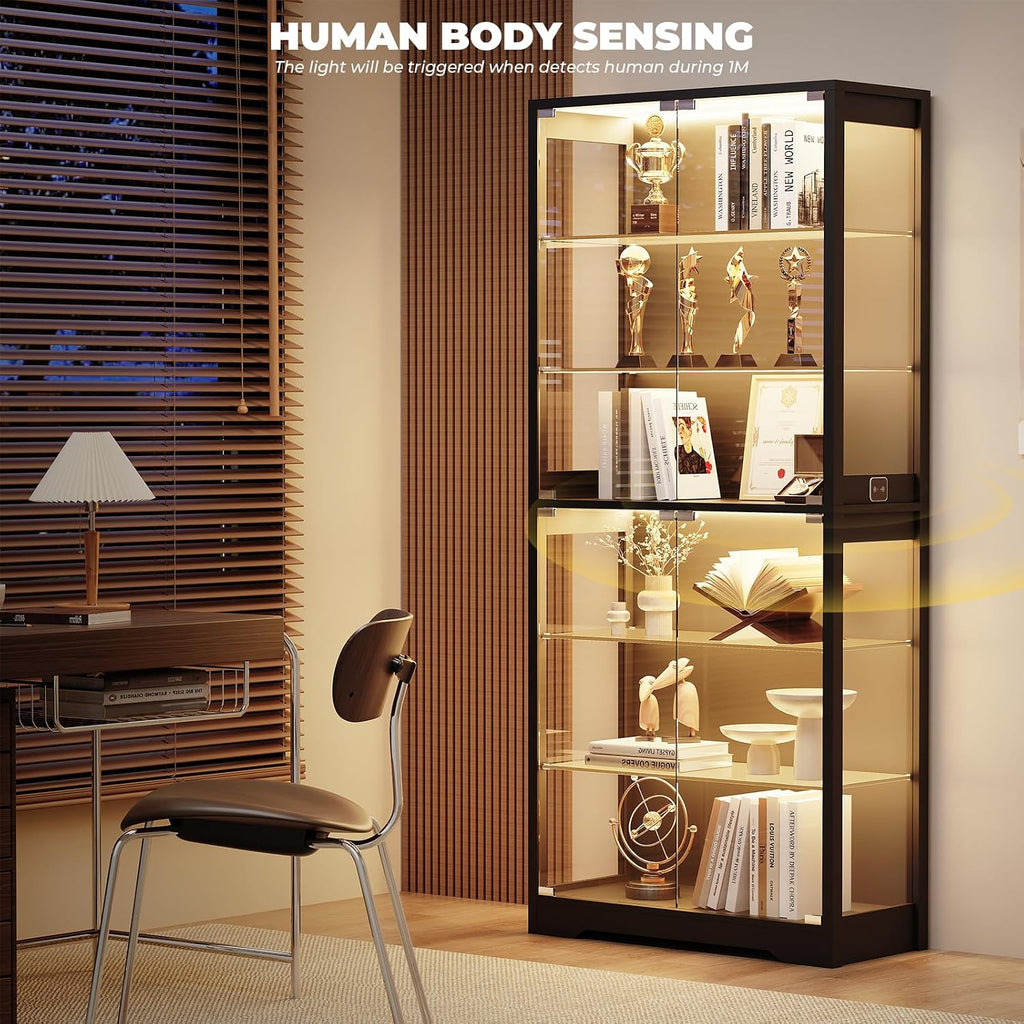 Black Tall LED Sensor Glass Display Cabinet