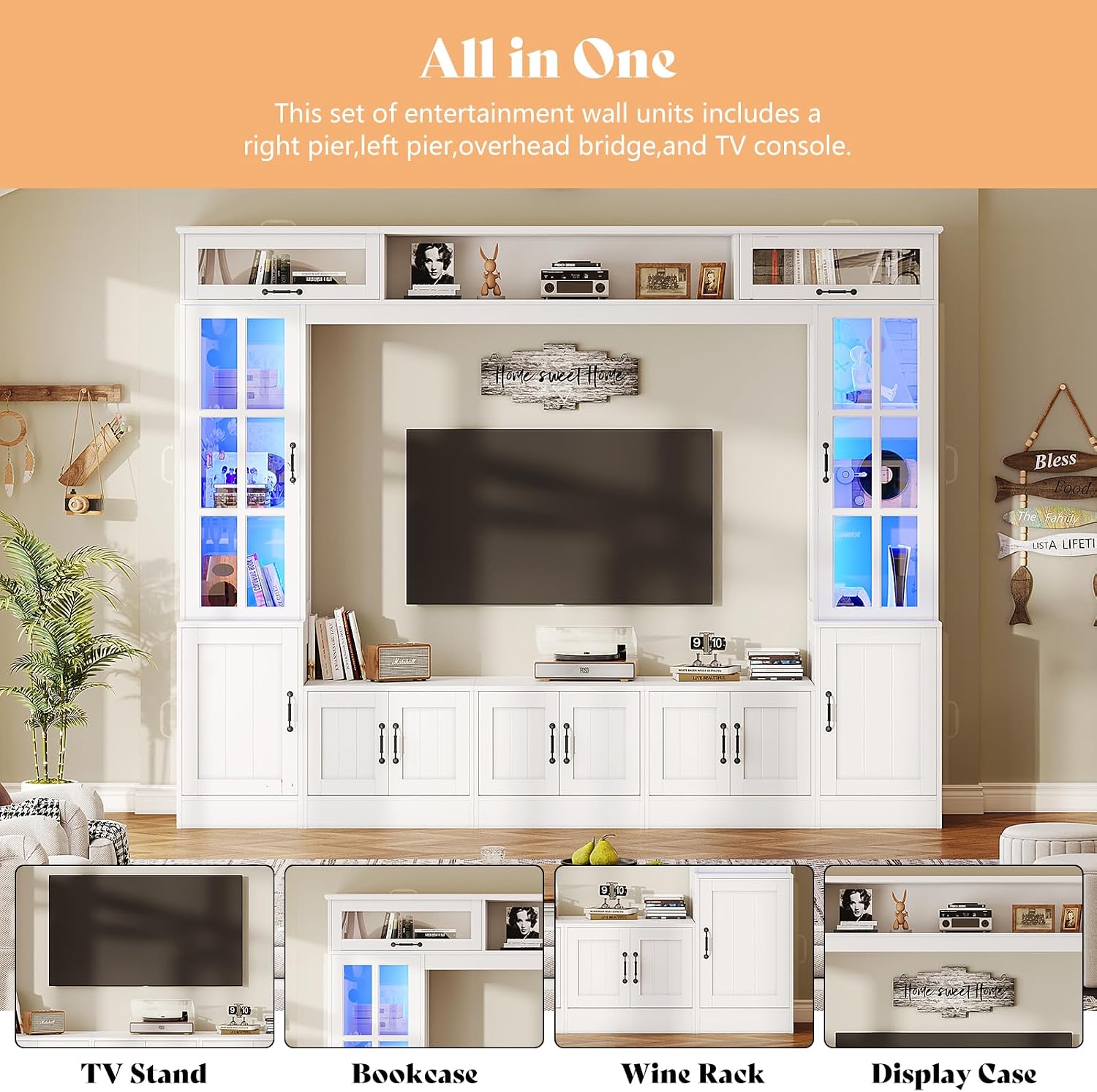 White LED Bookshelf Wall Unit TV Stand