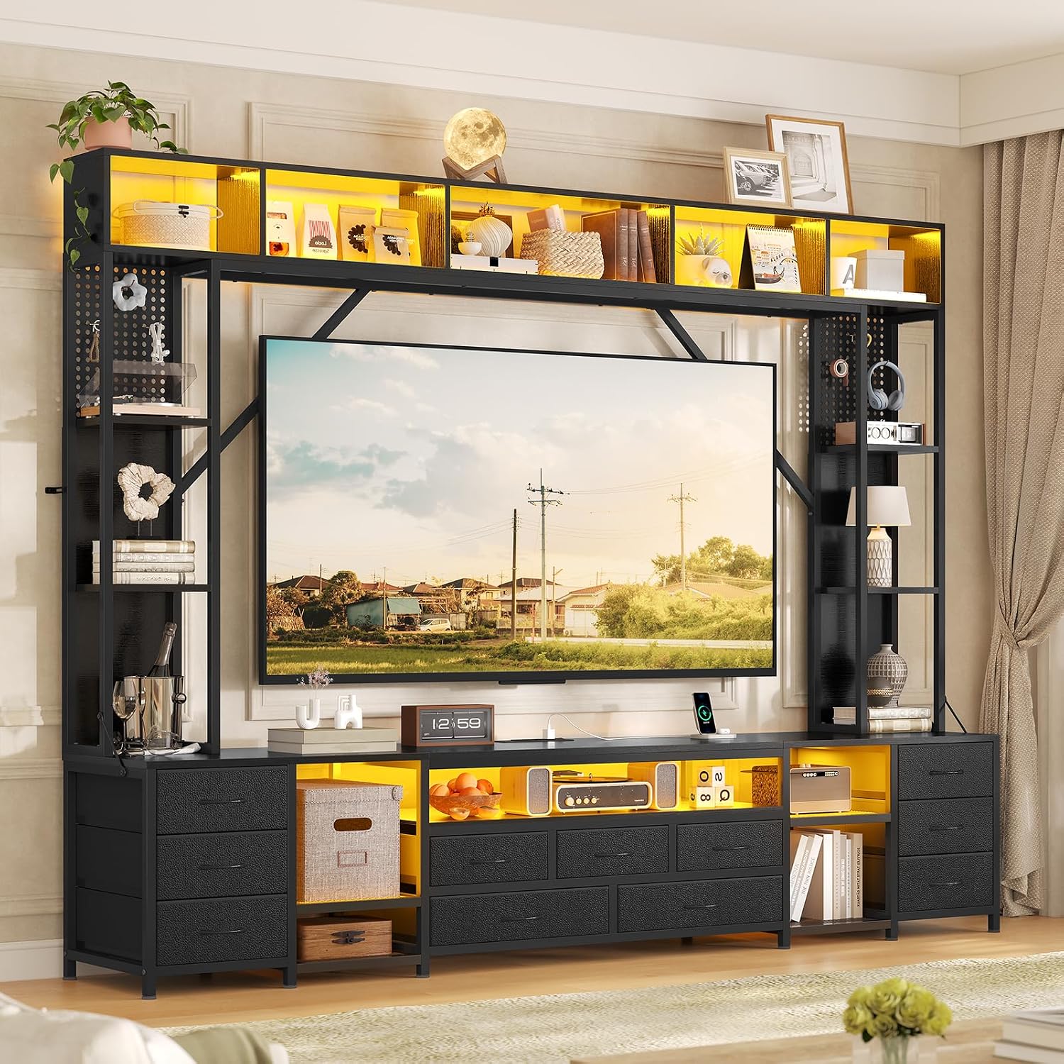 Industrial LED Fabric Drawer Wall TV Stand