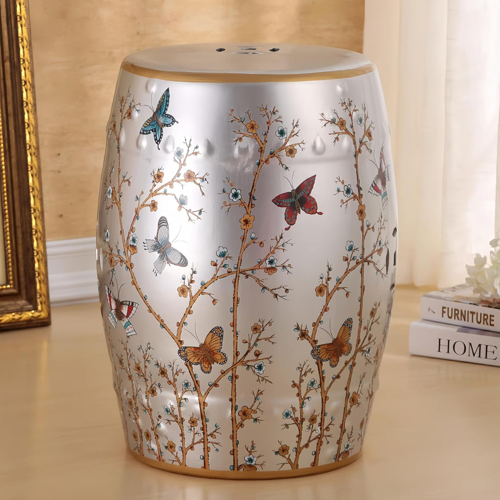 Silver Floral Butterfly Ceramic Drum Garden Stool