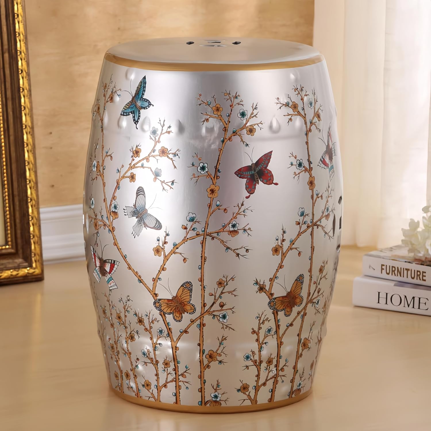 Silver Floral Butterfly Ceramic Drum Garden Stool