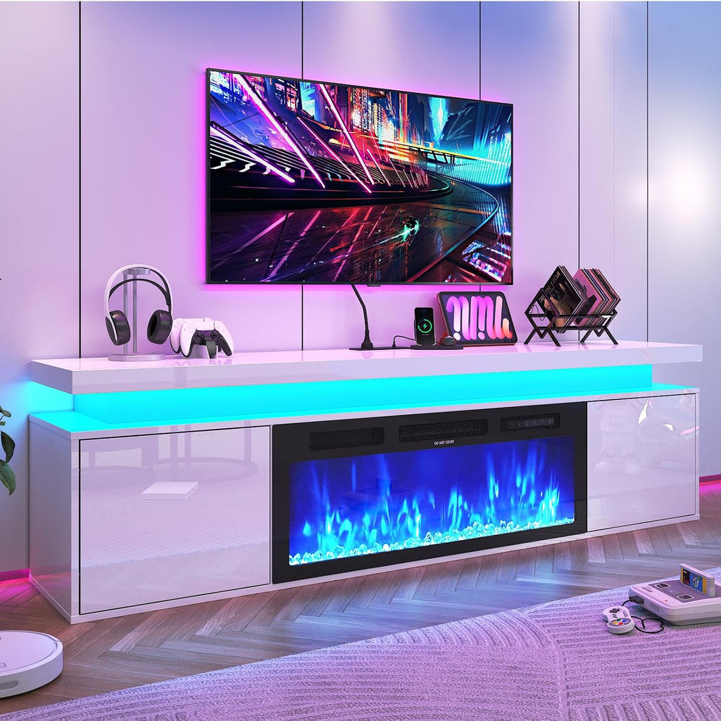 High Gloss LED Floating Fireplace TV Stand