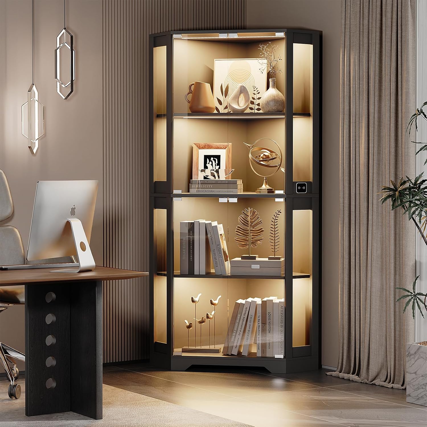Black Corner LED Sensor Glass Display Cabinet