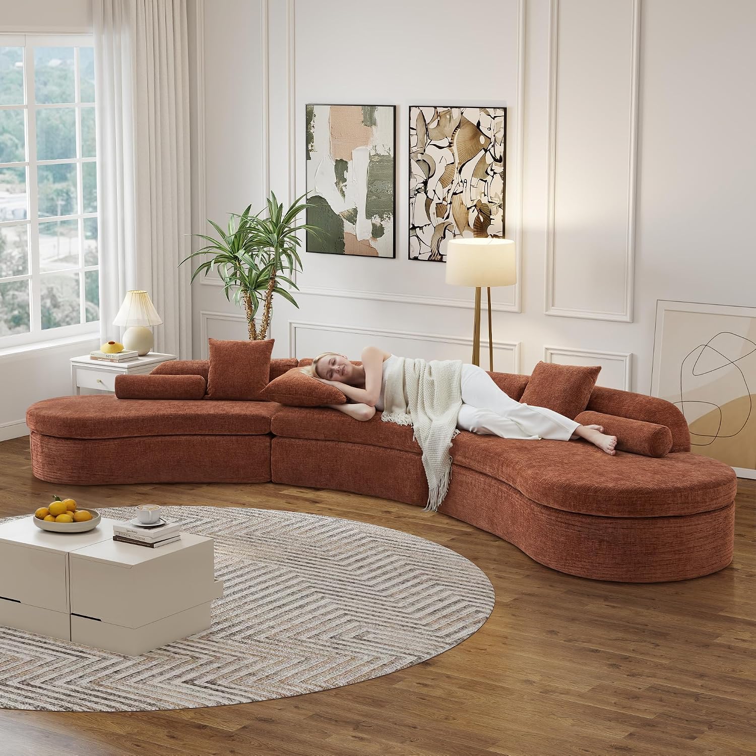 Orange Chenille Curved Modular Cloud Sectional Sofa