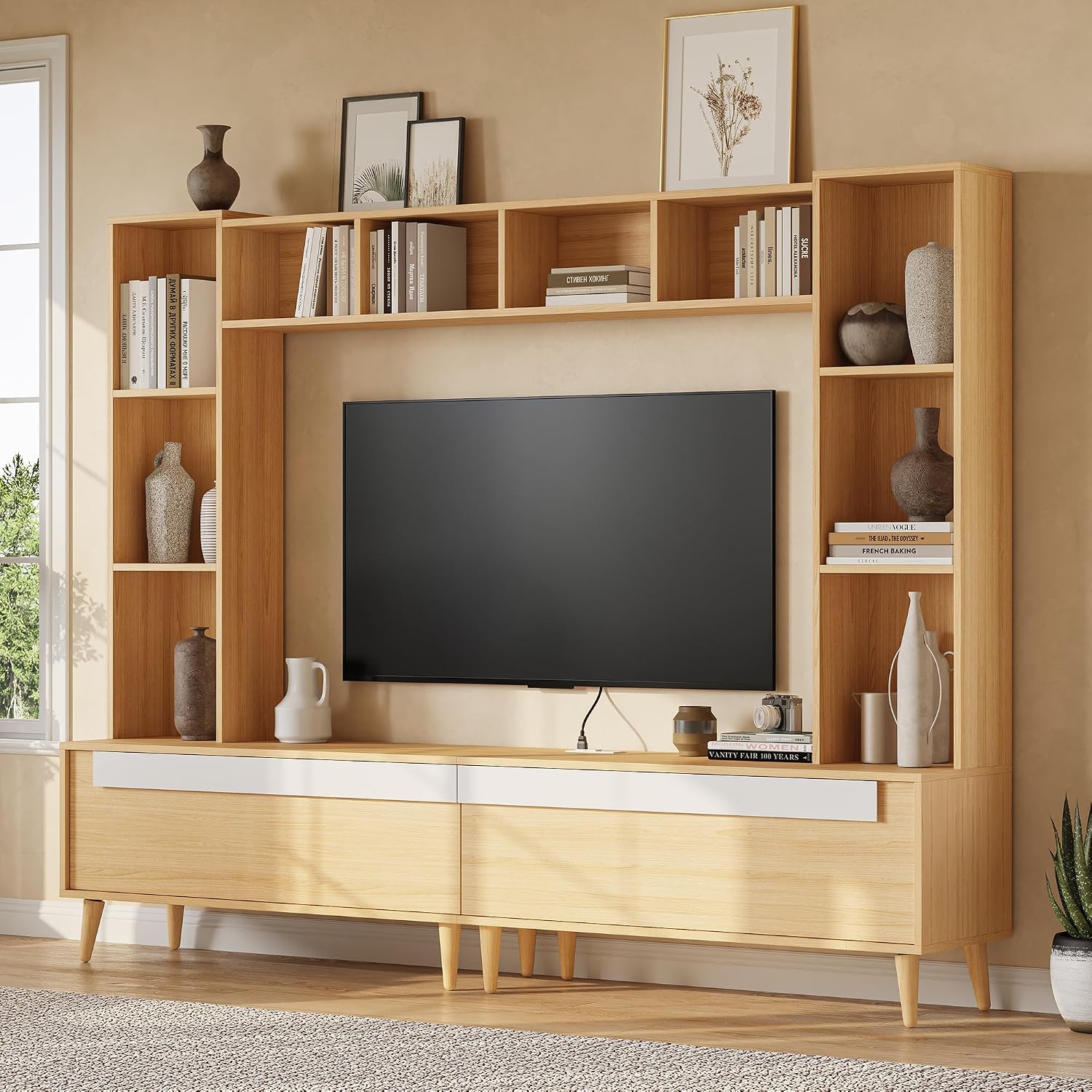 Wood Power Outlet Wall Unit TV Entertainment Center