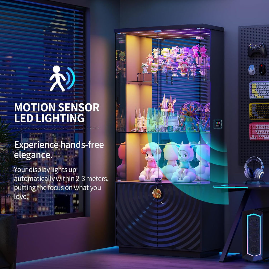 Black Tall Lockable LED Glass Display Cabinet