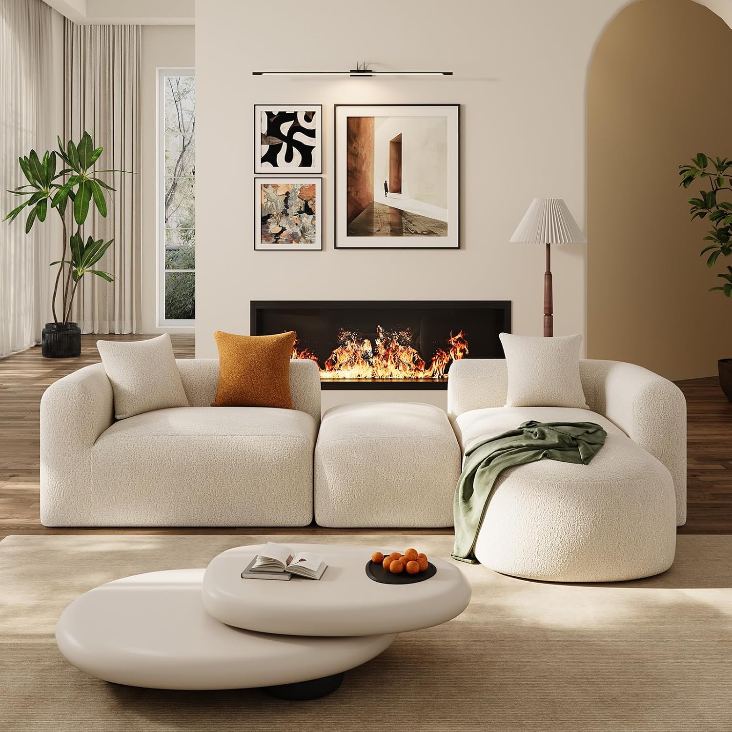 Cream Chenille Curved Cloud Sectional Sofa with Ottoman