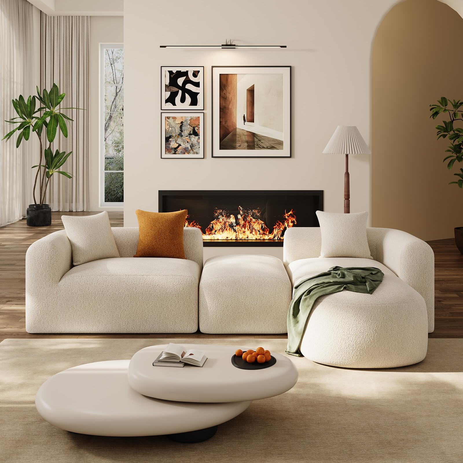 Cream Chenille Curved Cloud Sectional Sofa with Ottoman