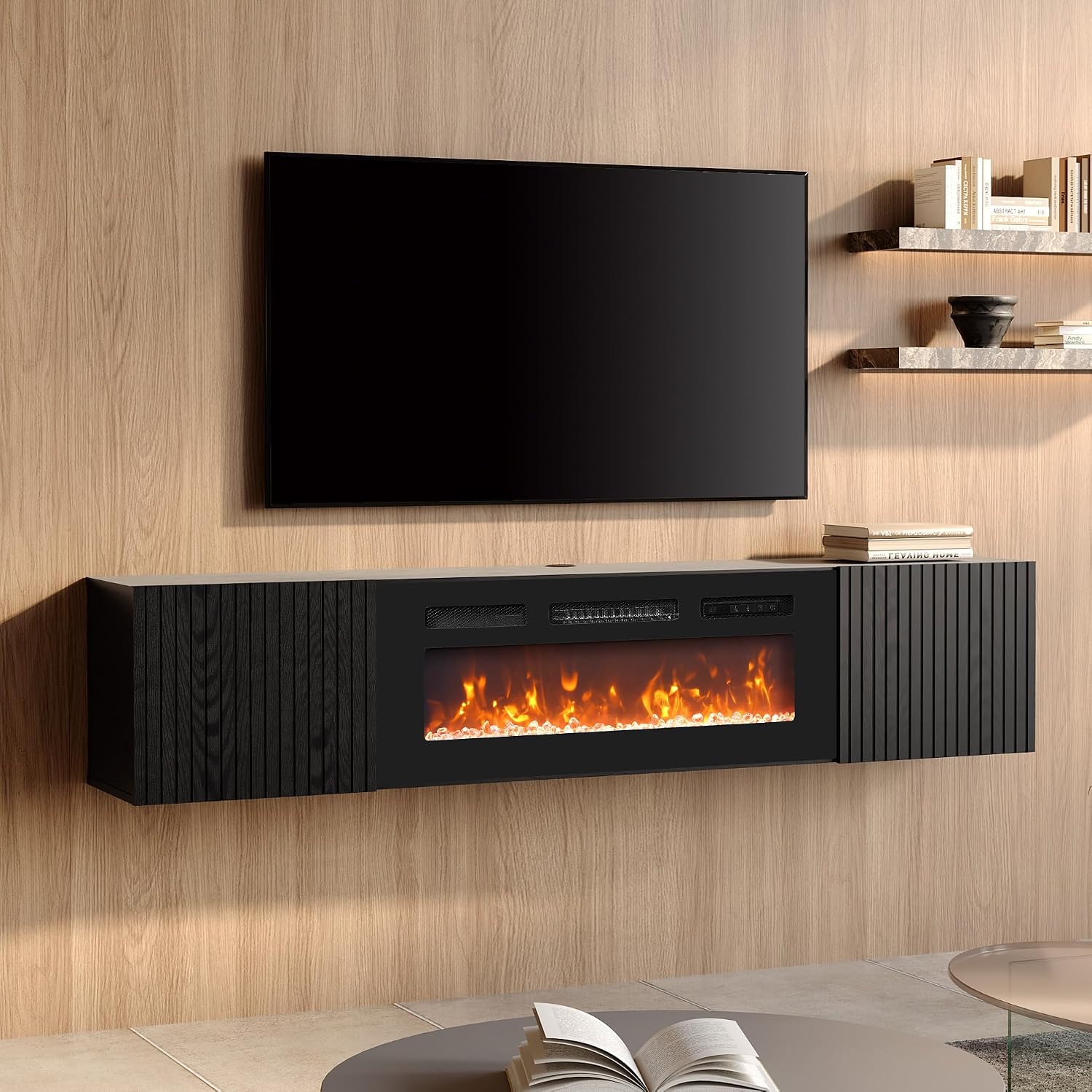 Floating Fireplace Fluted Door TV Console