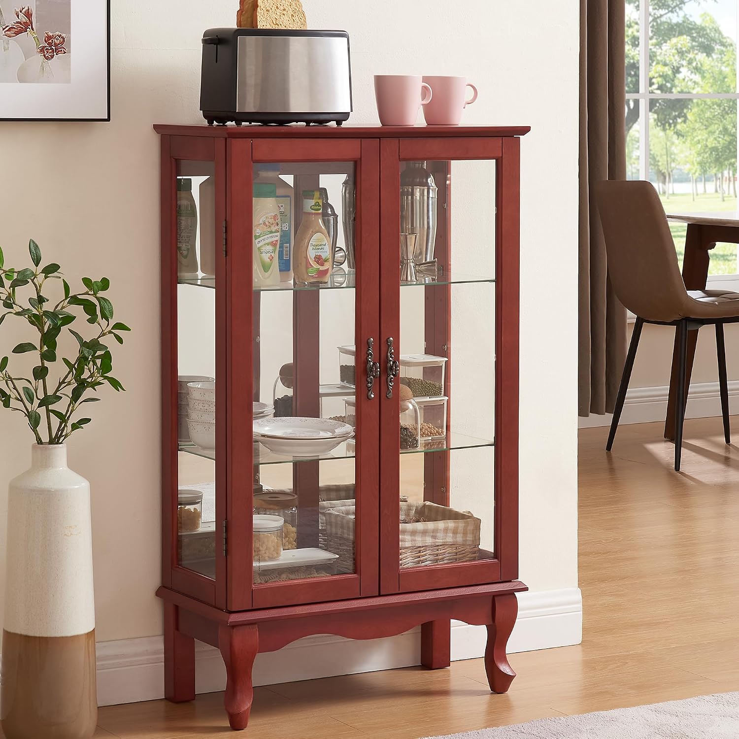 Cherry Lighted Mirrored Back Glass Curio Cabinet