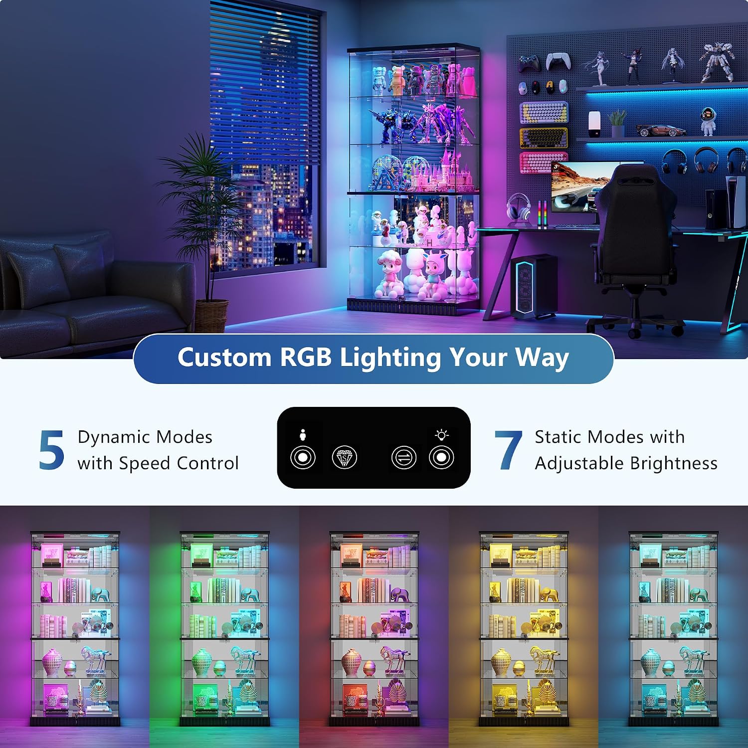 Black Frameless RGB Lockable Glass Display Cabinet