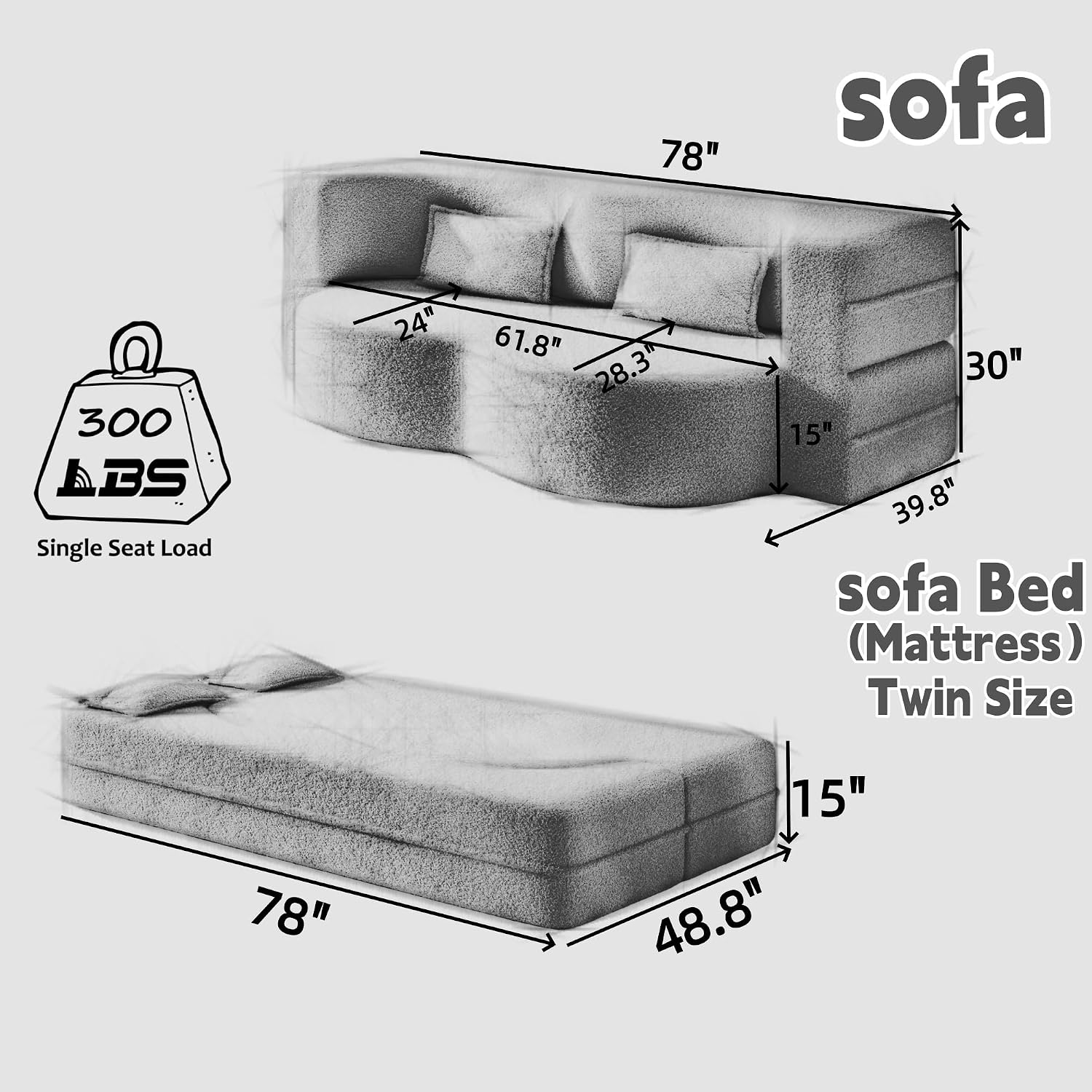 Teddy Fabric Convertible Curved Loveseat Sofa Bed