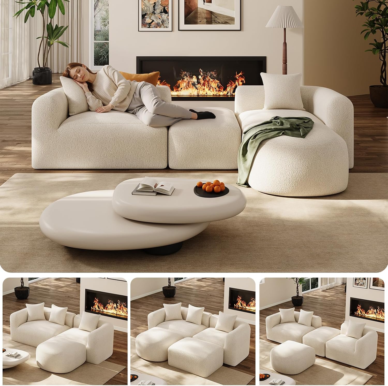 Cream Chenille Curved Cloud Sectional Sofa with Ottoman