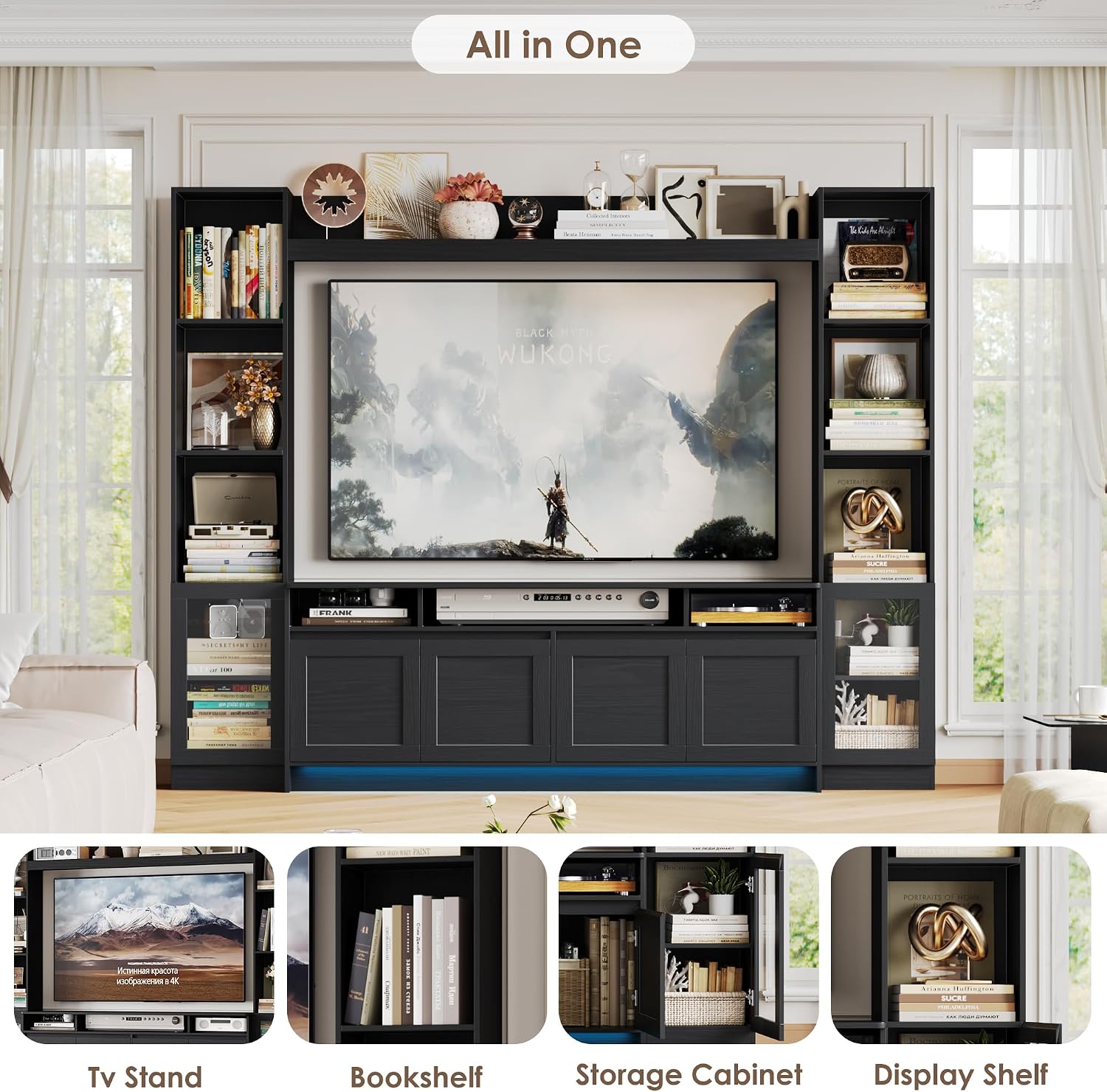 Black LED Storage Wall Unit TV Console Stand