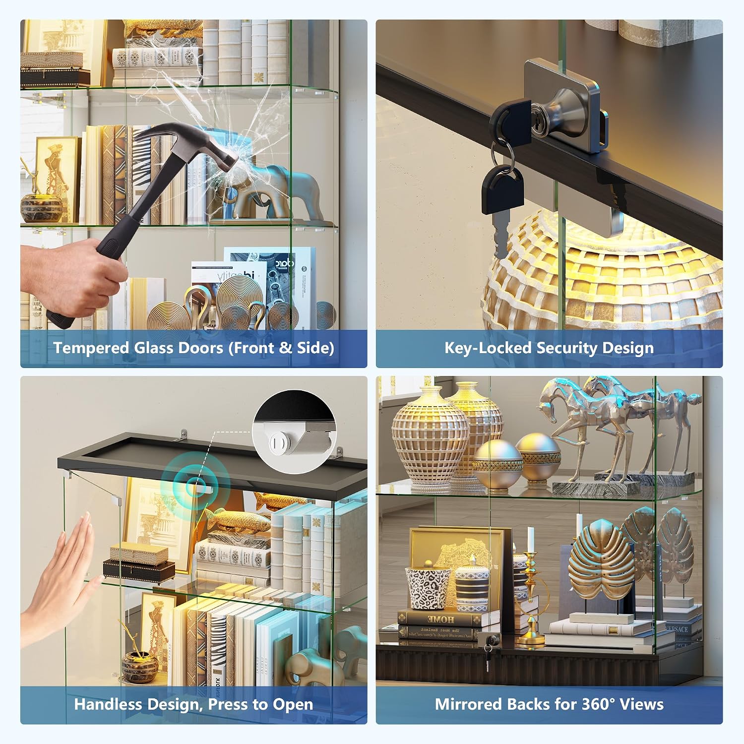 Black Frameless RGB Lockable Glass Display Cabinet