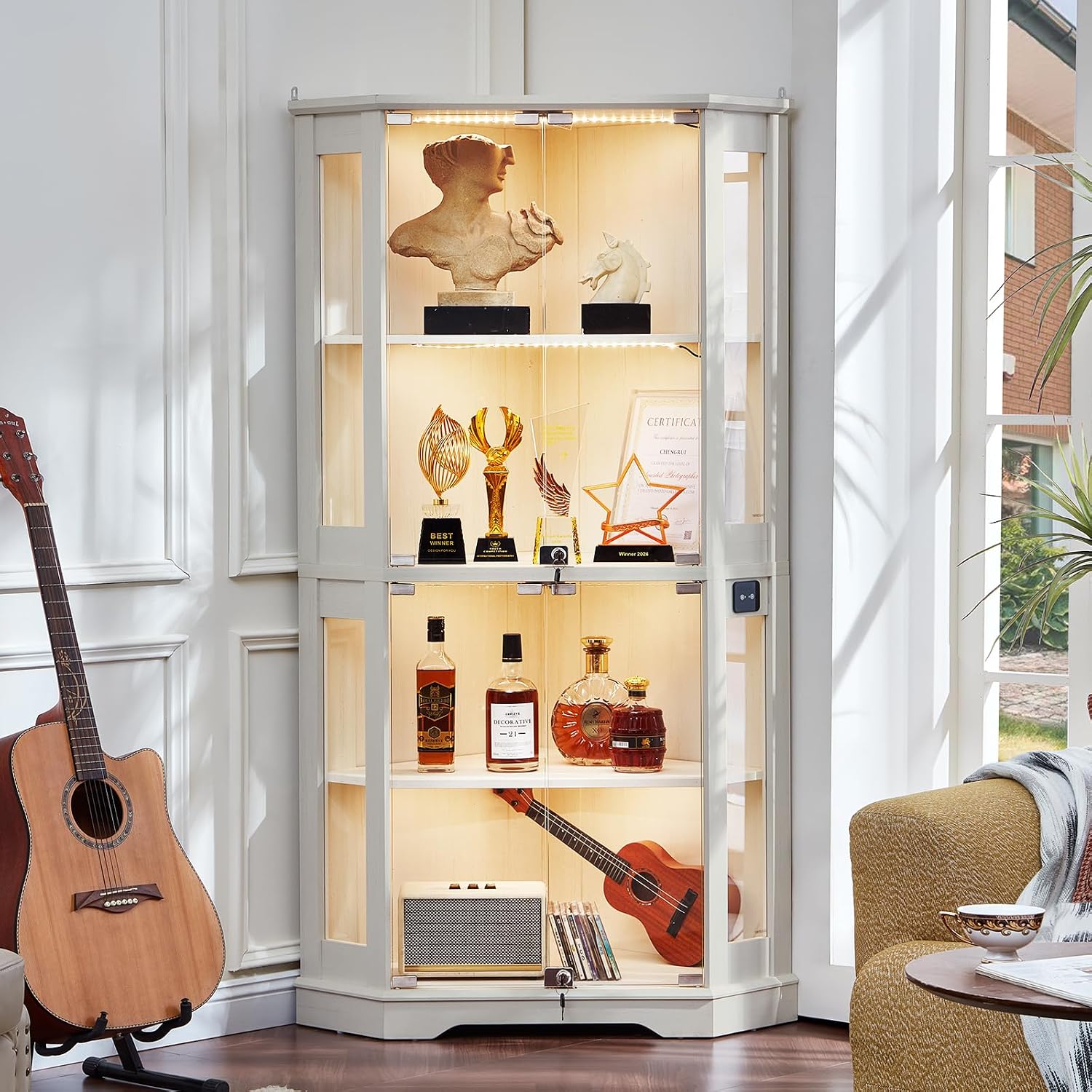 White Farmhouse LED Glass Door Corner Cabinet