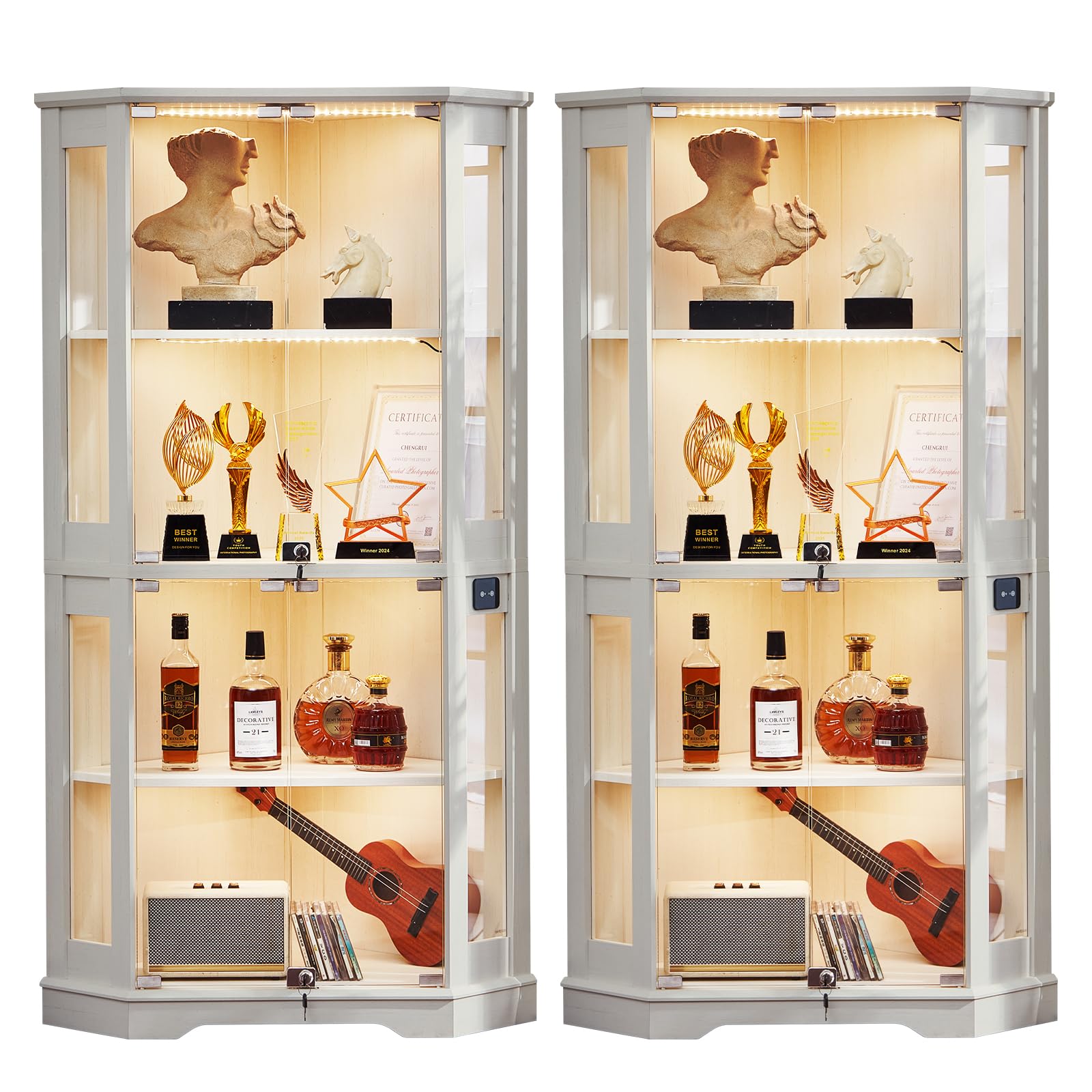 White Farmhouse LED Glass Door Corner Cabinet
