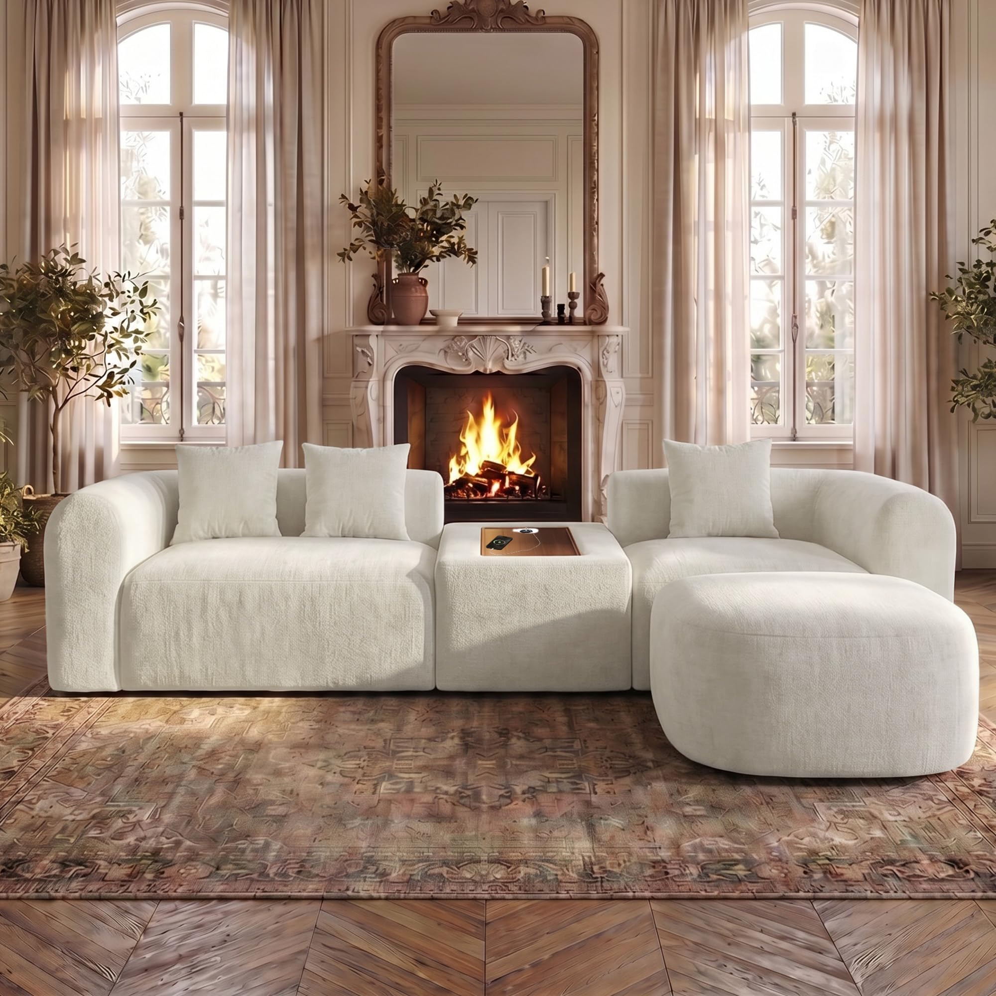 Cream Chenille Curved Cloud Sectional Sofa with Ottoman