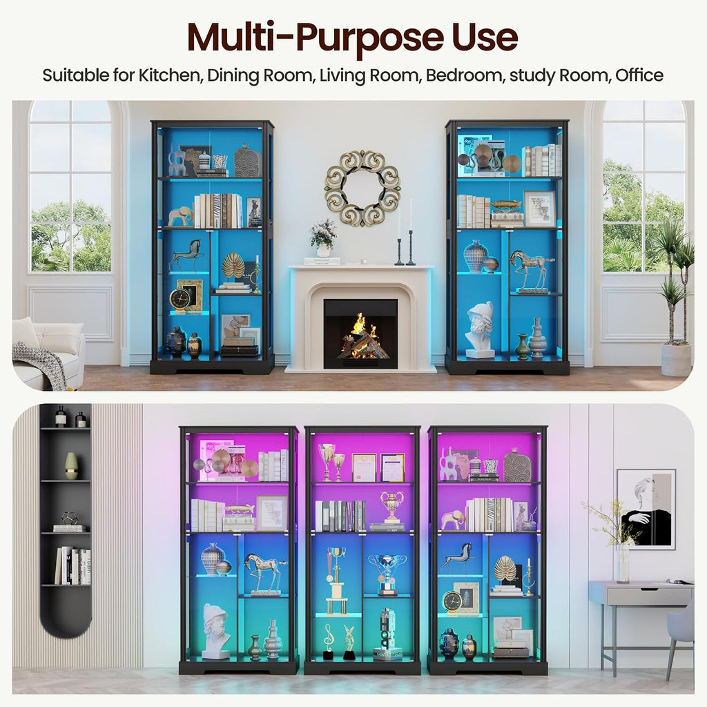 Black Tall RGB Light Glass Display Curio Cabinet