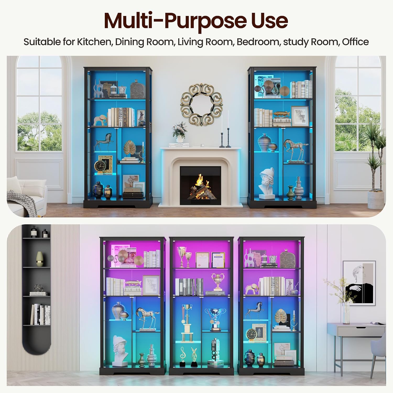 Black Tall RGB Light Glass Display Curio Cabinet