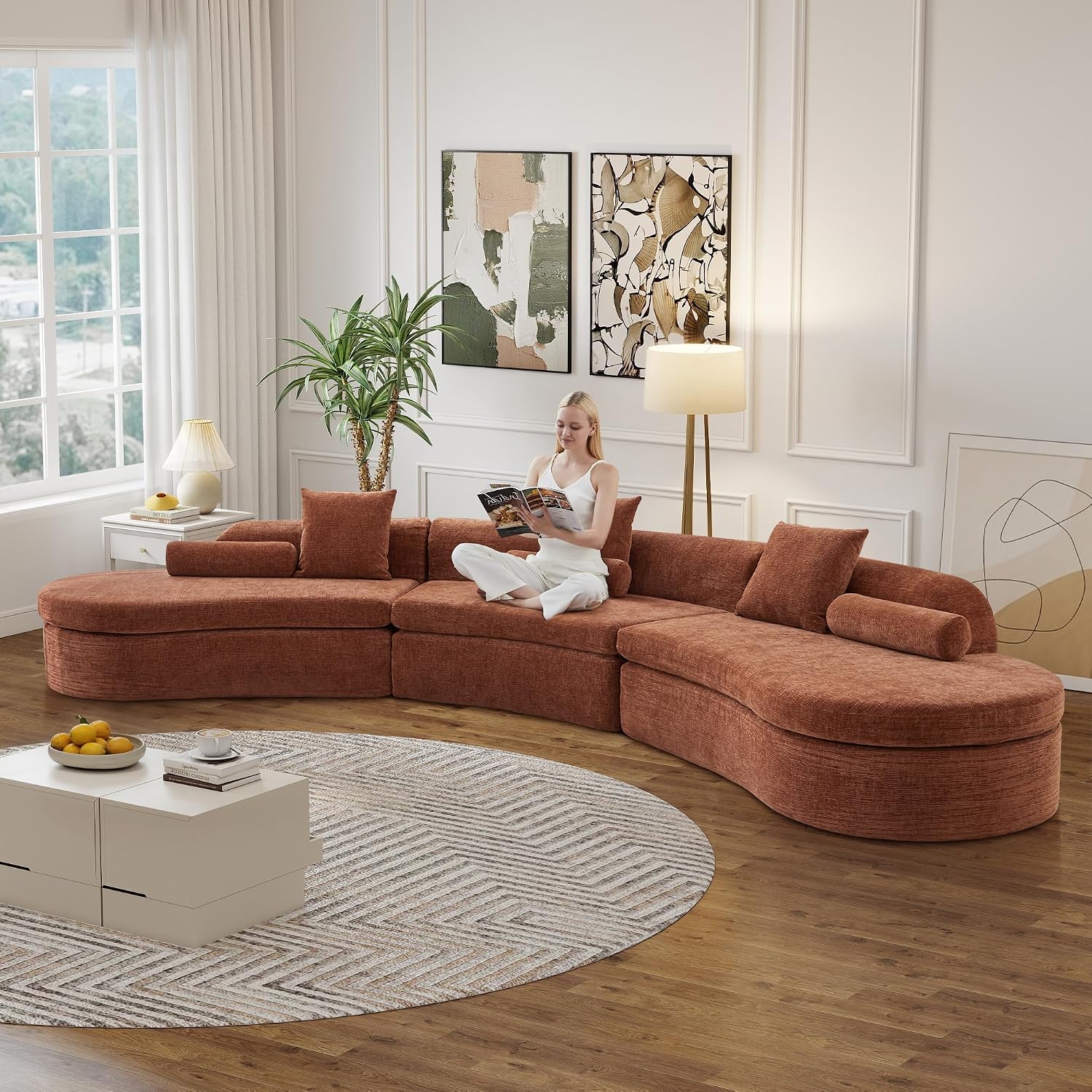 Orange Chenille Curved Modular Cloud Sectional Sofa