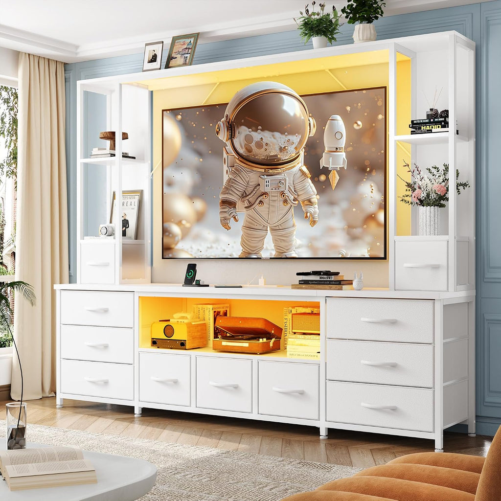 White LED Fabric Drawer Wall Unit TV Stand