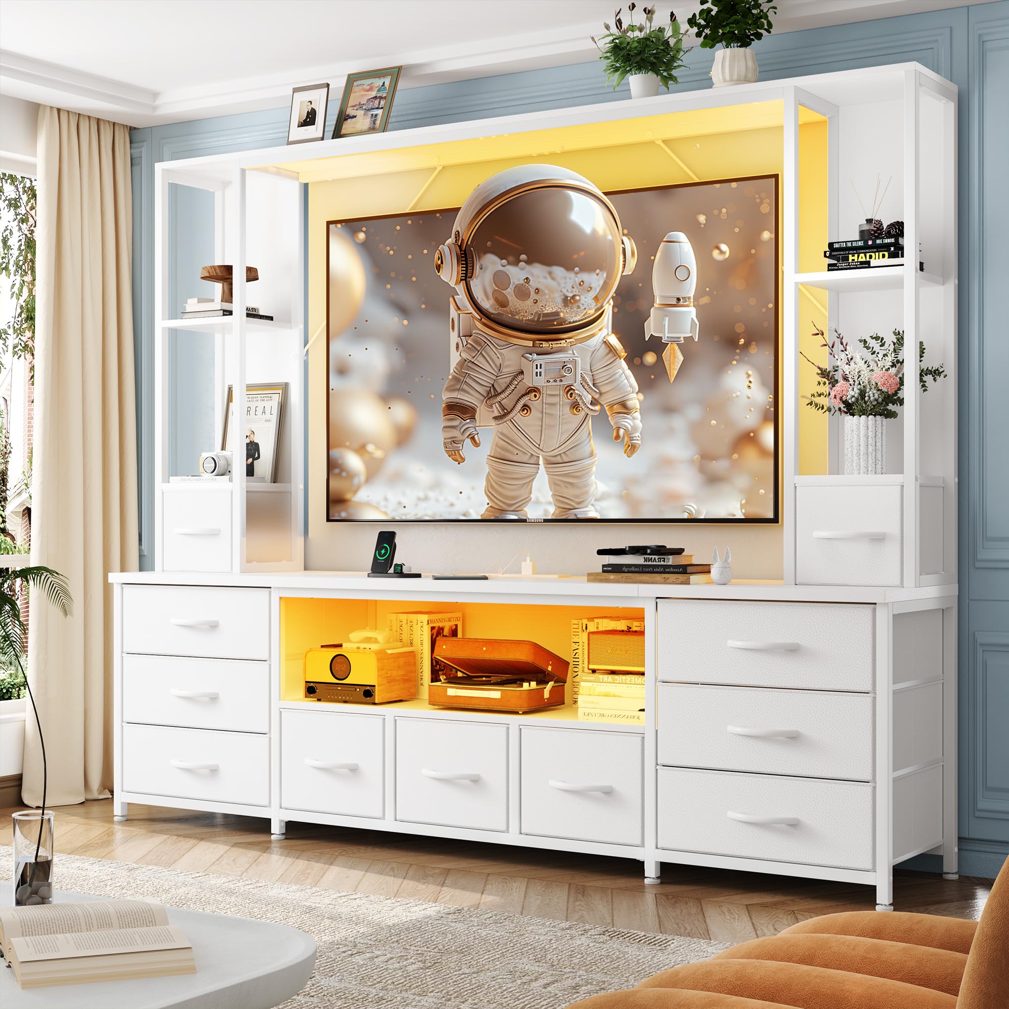 White LED Fabric Drawer Wall Unit TV Stand