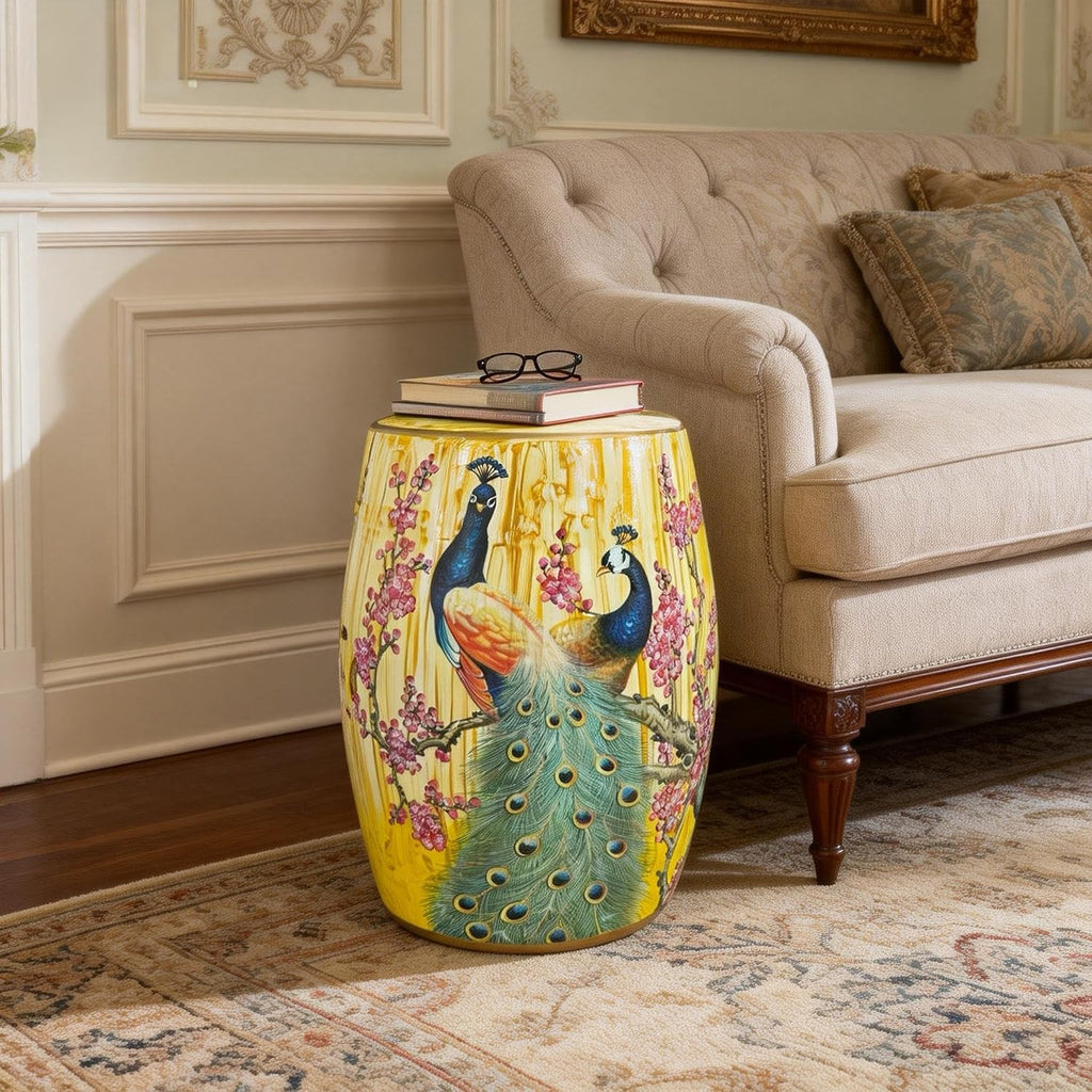 Hand-Painted Floral Bird Ceramic Drum Stool