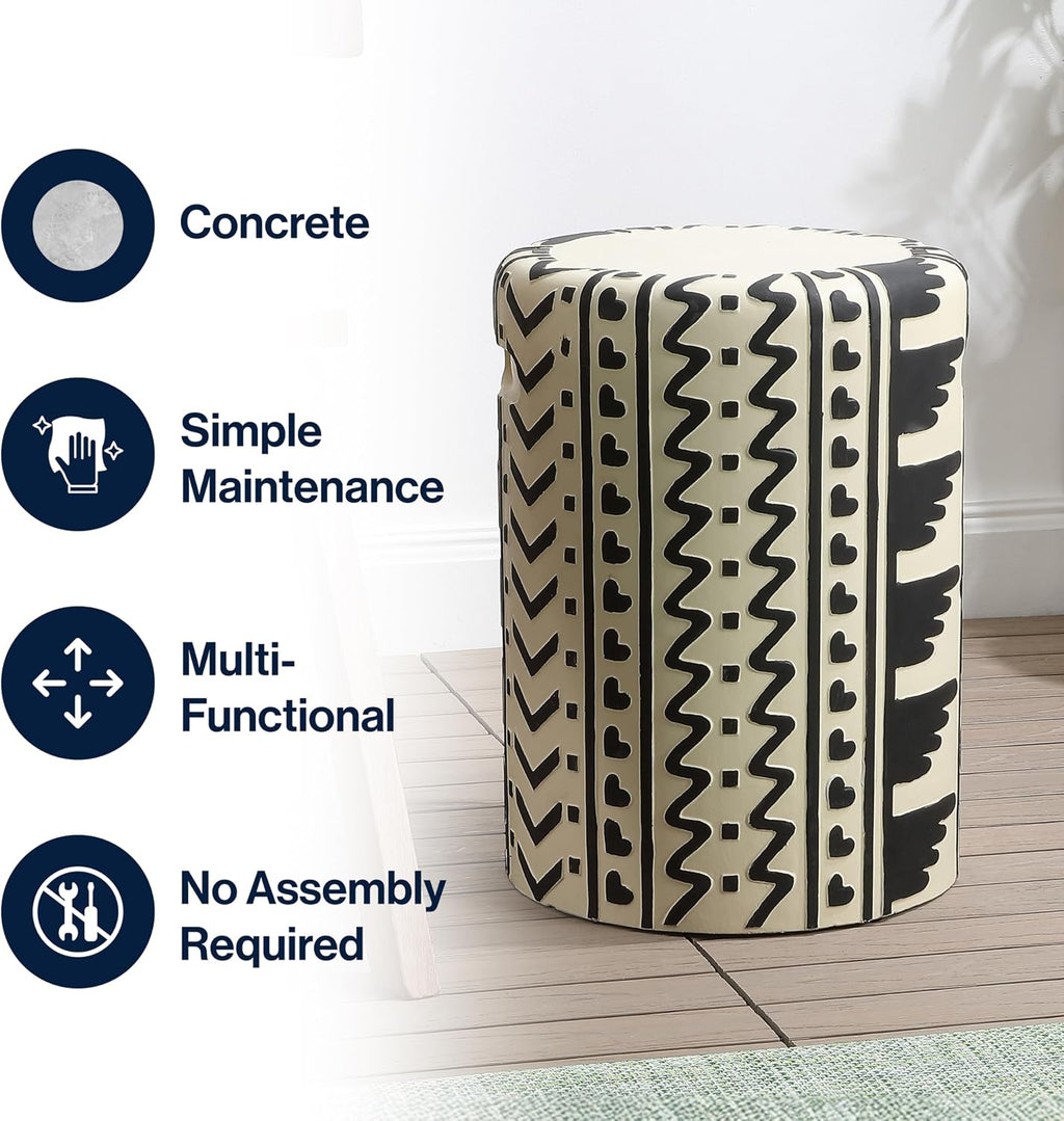 Black Cream Geometric Concrete Drum Stool with Handles