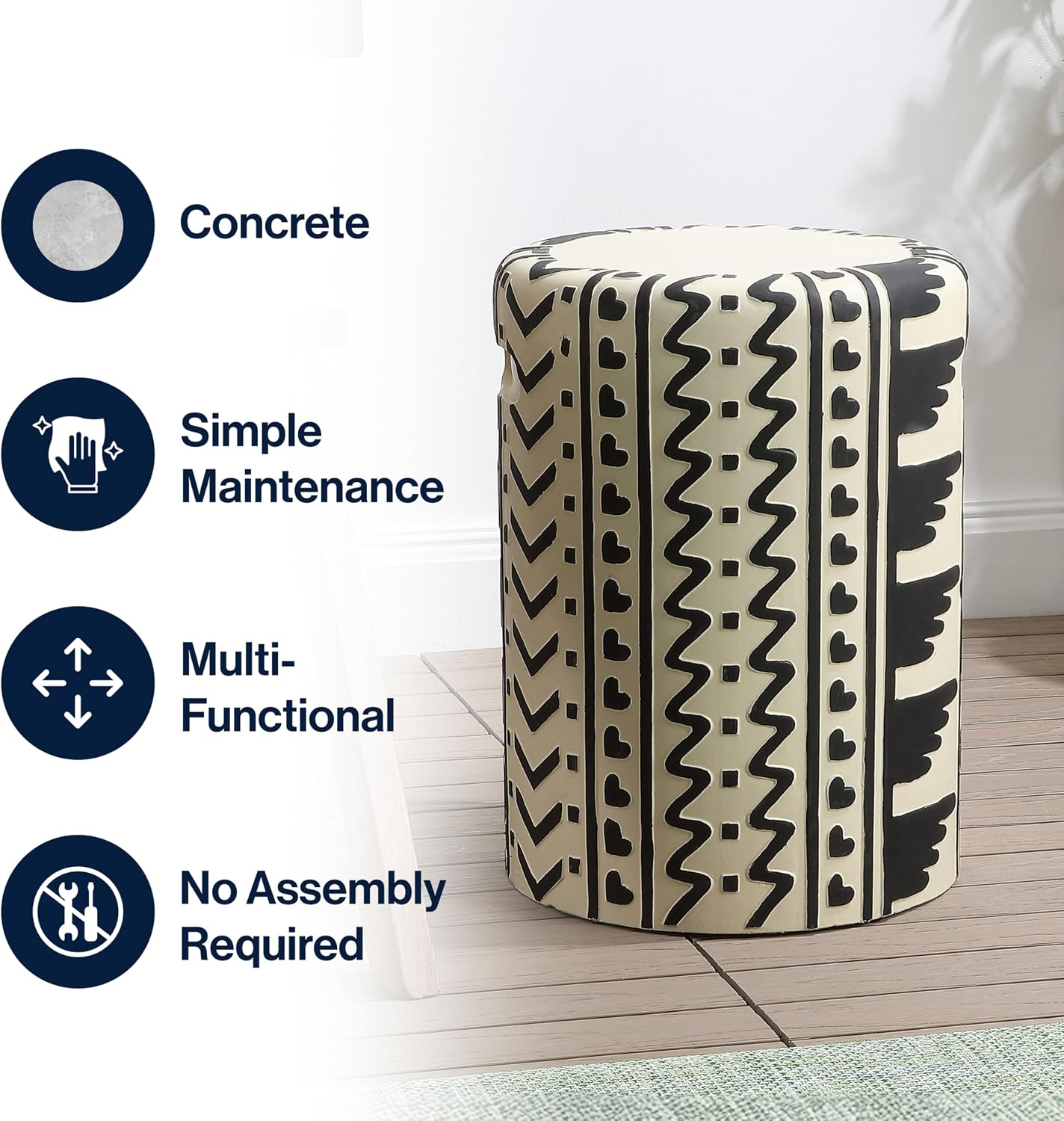 Black Cream Geometric Concrete Drum Stool with Handles