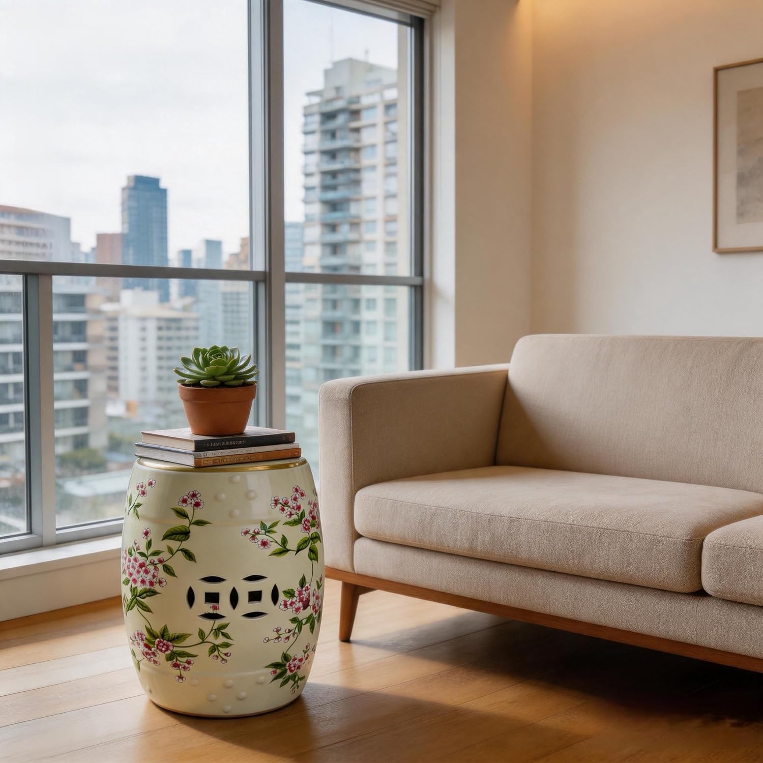 Japanese Sakura Ceramic Drum Decor Stool