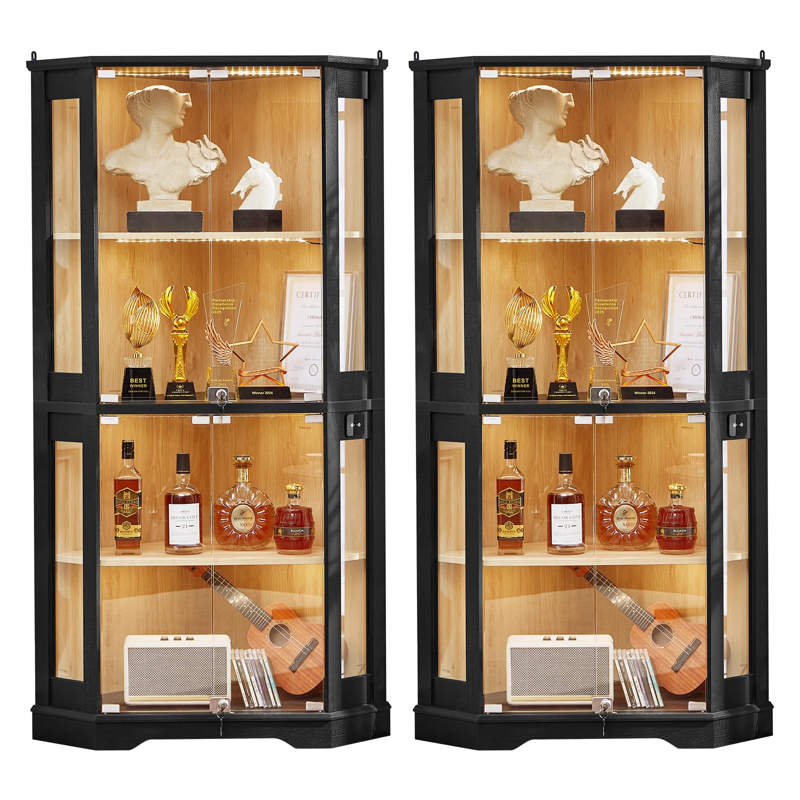 White Farmhouse LED Glass Door Corner Cabinet