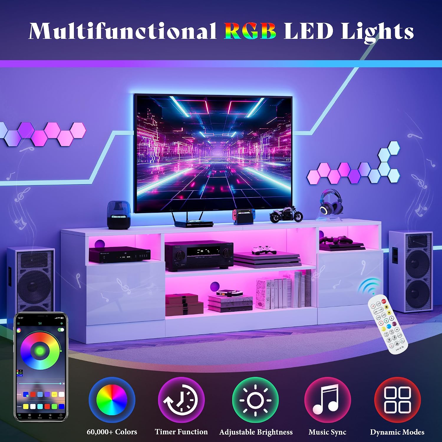 White High Gloss LED Storage TV Console Stand