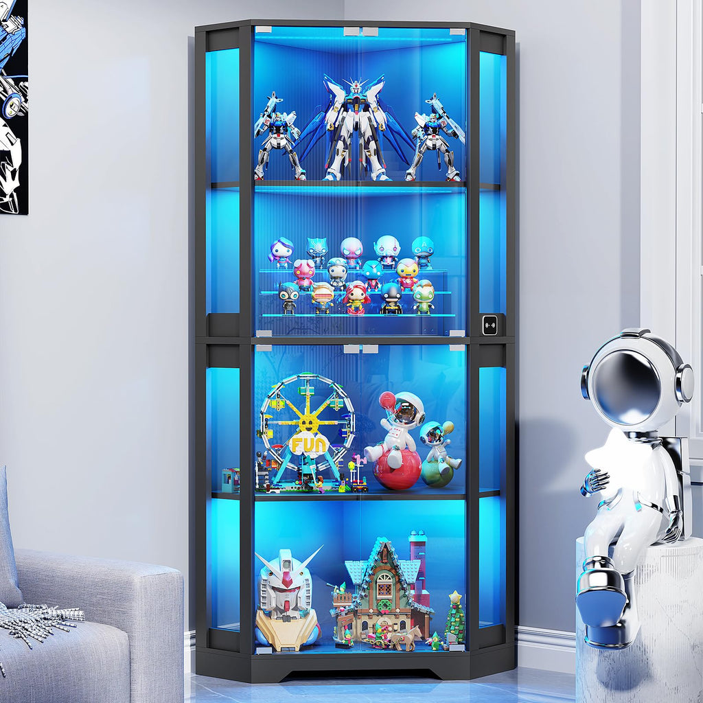 Black Corner LED Sensor Glass Display Cabinet