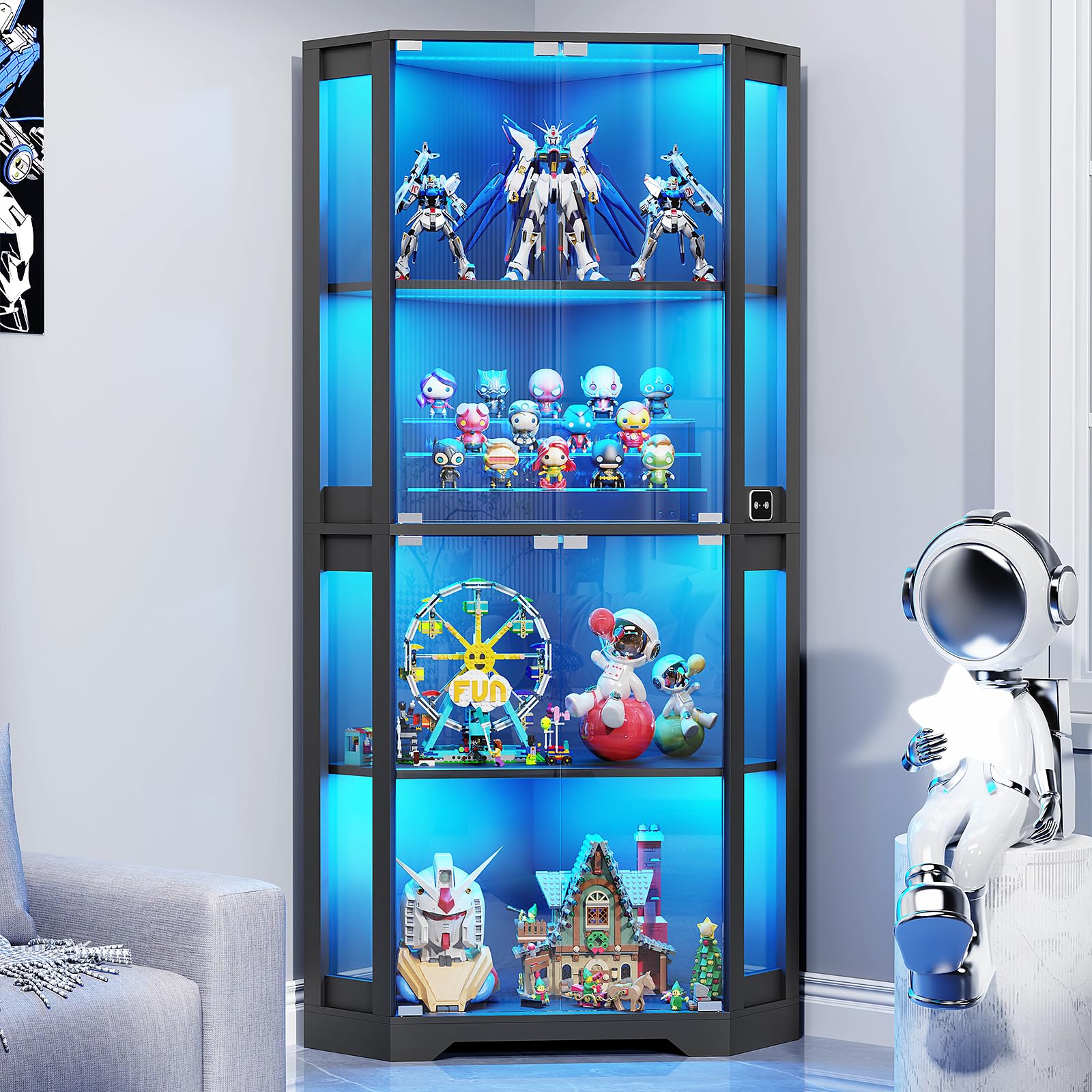 Black Corner LED Sensor Glass Display Cabinet