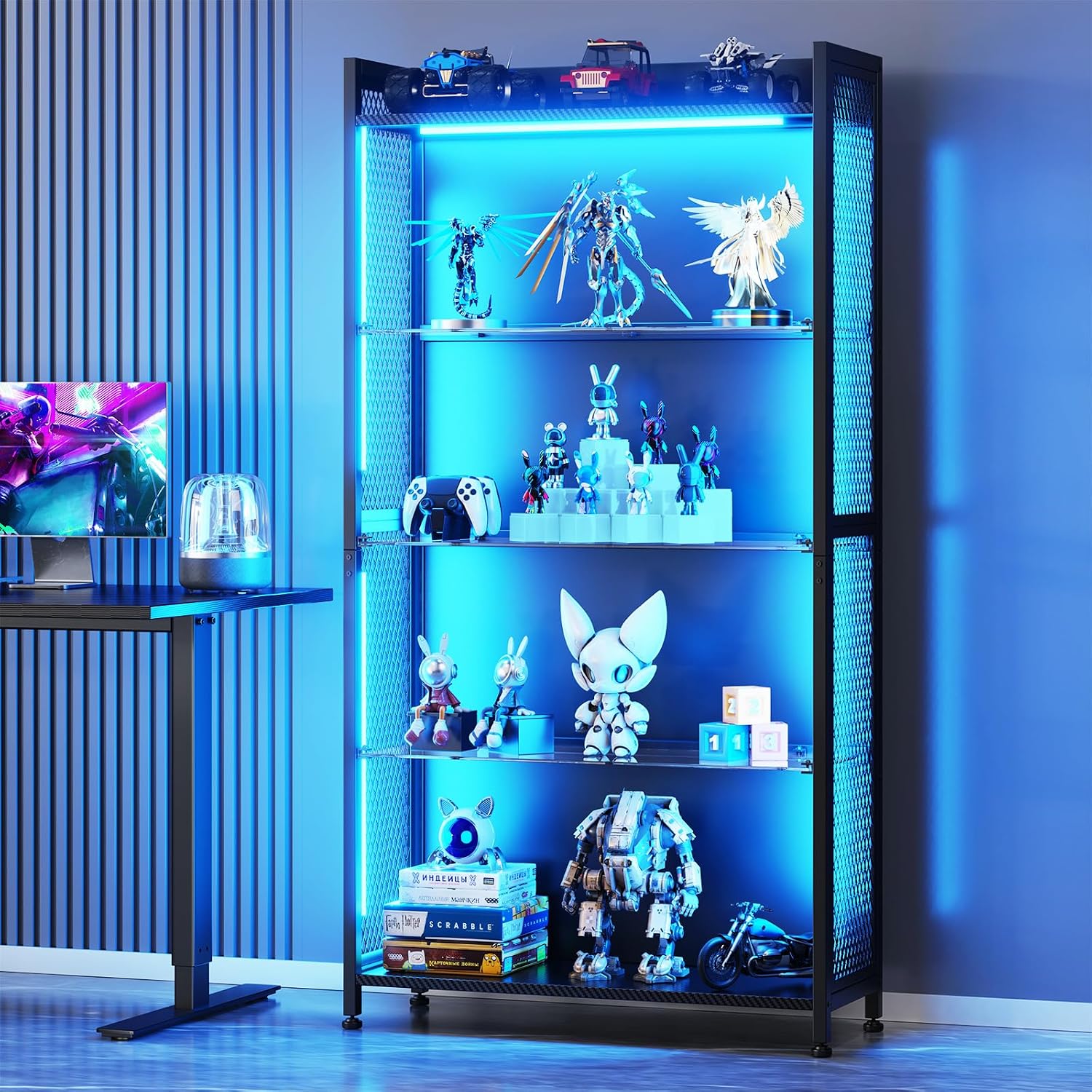 Black Industrial Mesh LED Glass Display Cabinet