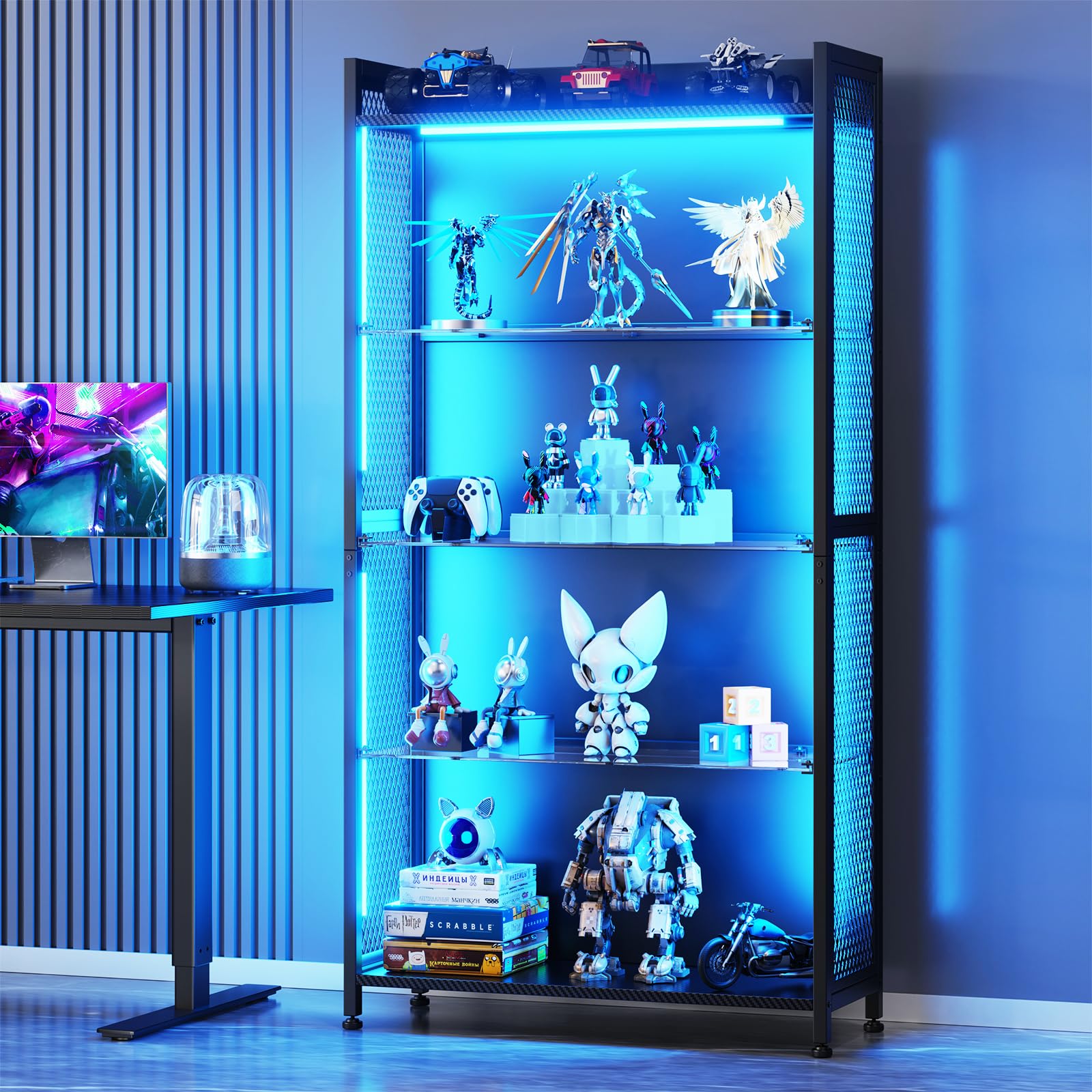Black Industrial Mesh LED Glass Display Cabinet