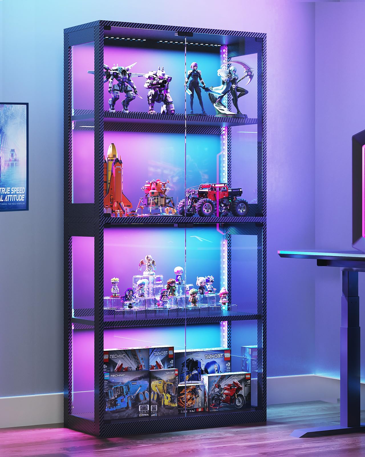 Black Industrial Mesh LED Glass Display Cabinet