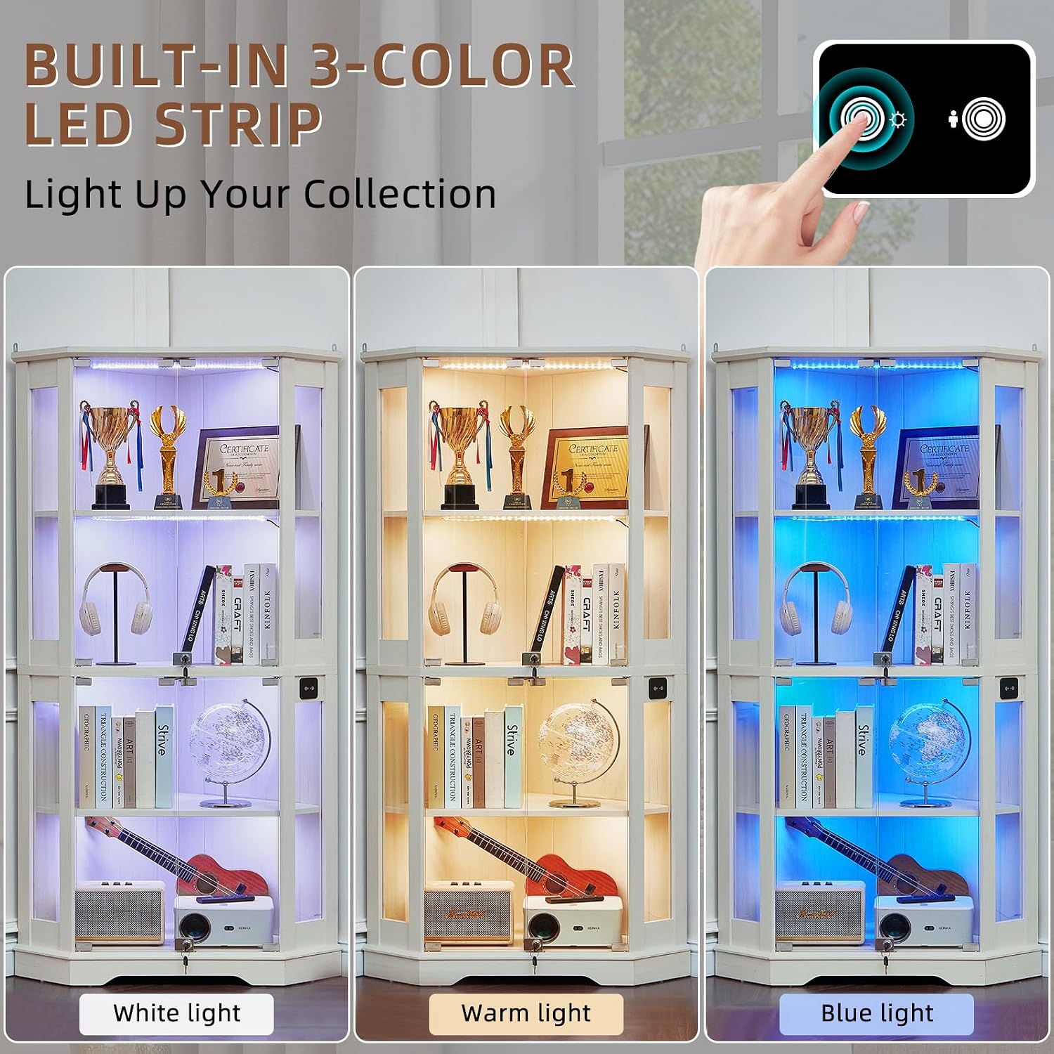 White Farmhouse LED Glass Door Corner Cabinet
