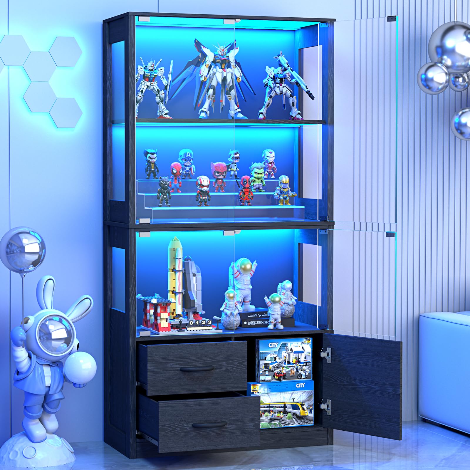 Black Oak LED Glass Door Display Storage Cabinet
