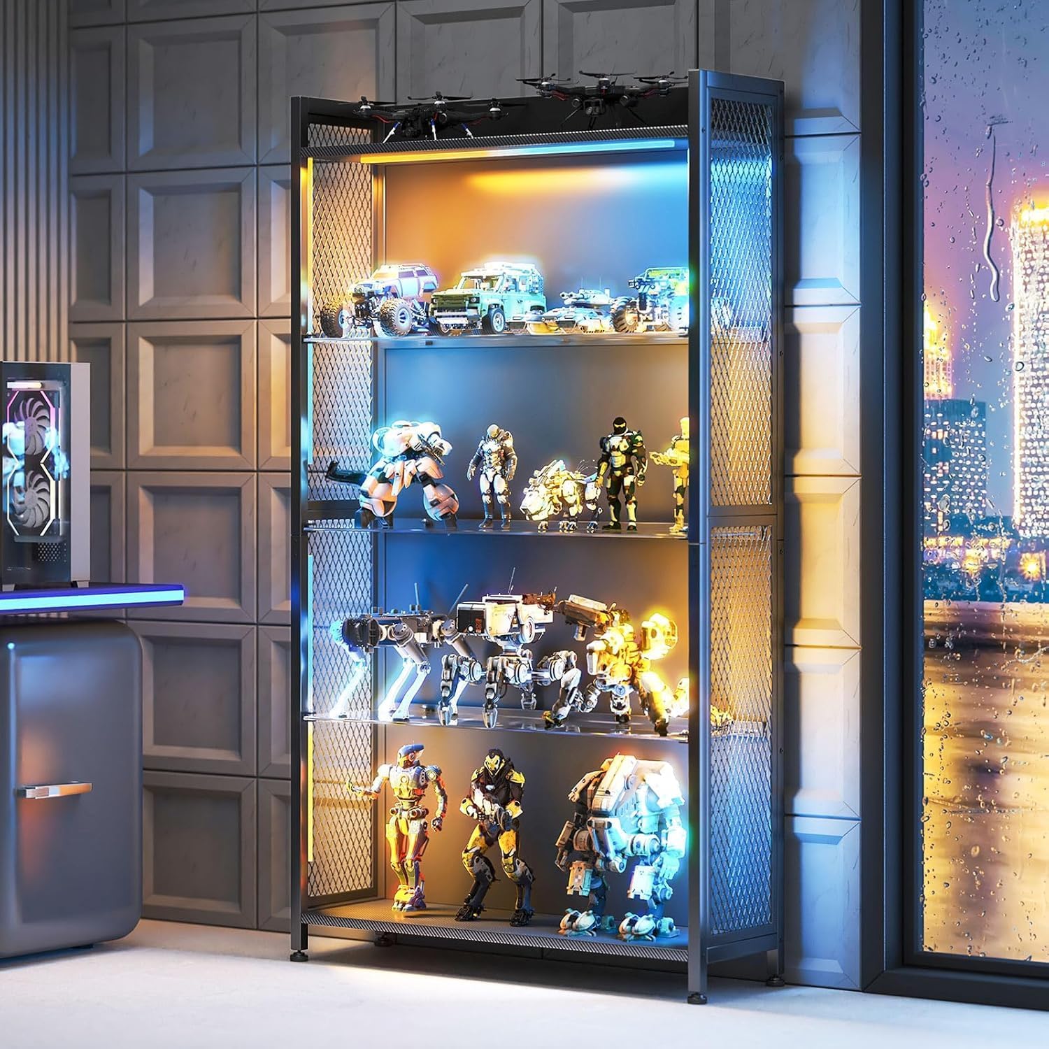 Black Industrial Mesh LED Glass Display Cabinet