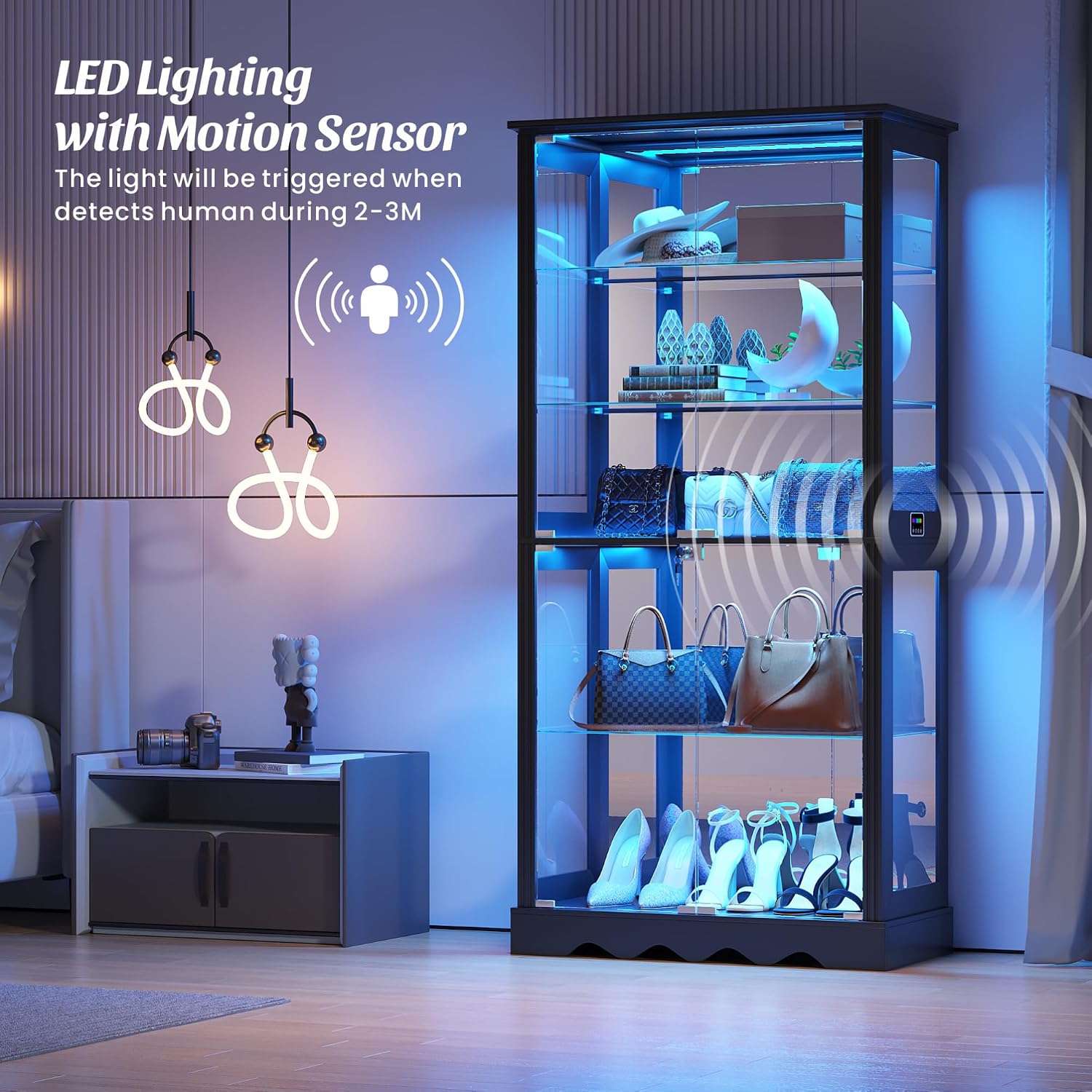Black Tall RGB Sensor Glass Display Cabinet