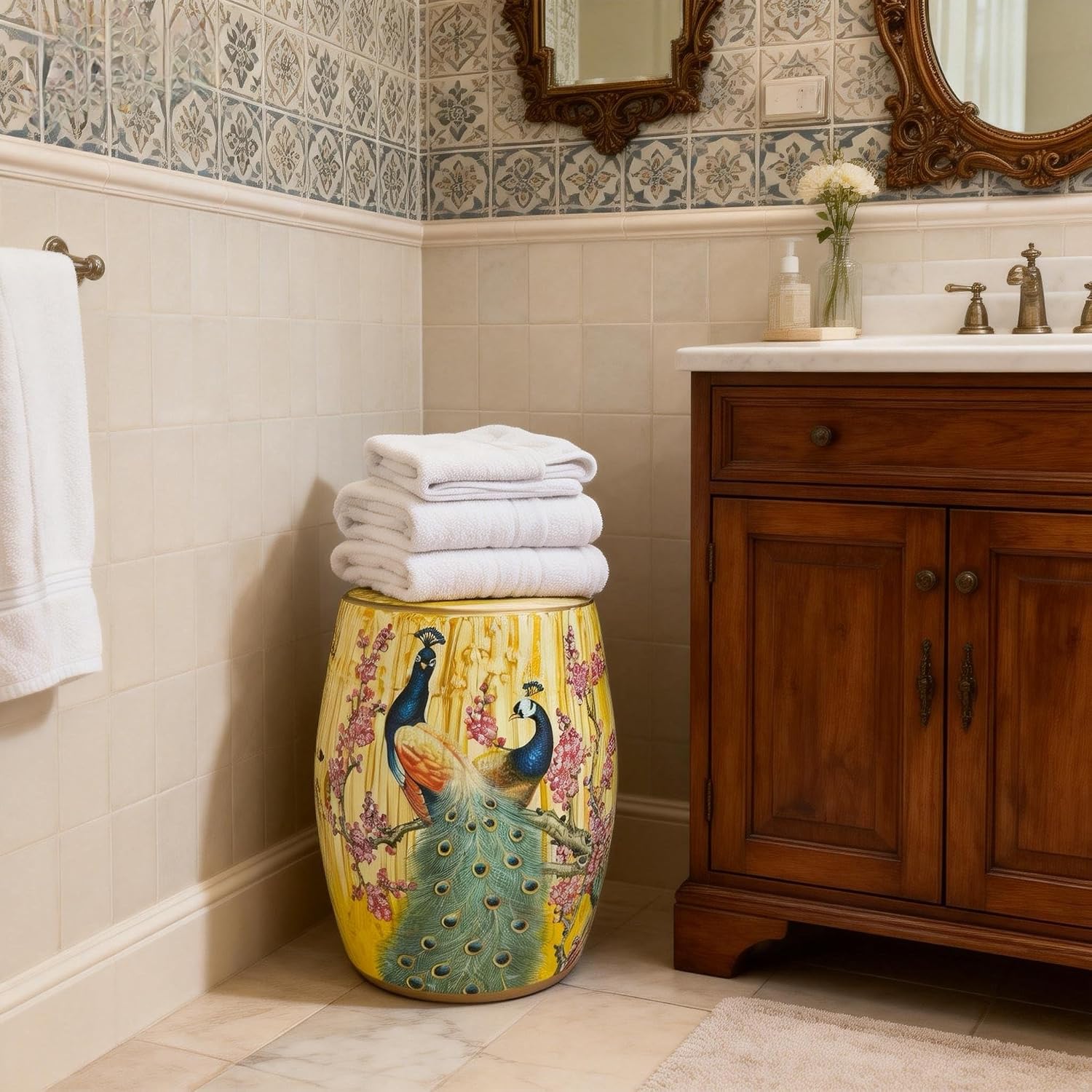 Hand-Painted Floral Bird Ceramic Drum Stool