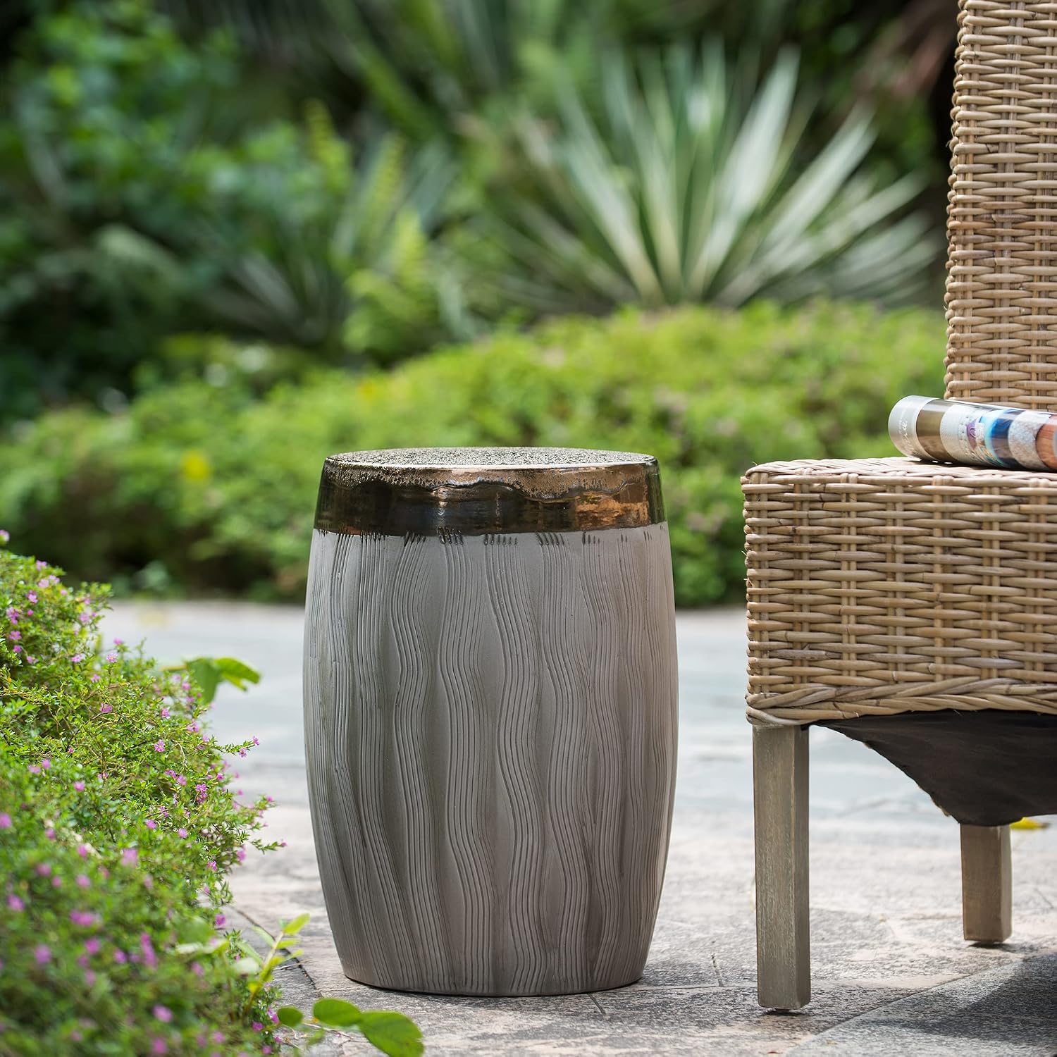 Wave Pattern Ceramic Drum Multipurpose Accent Stool