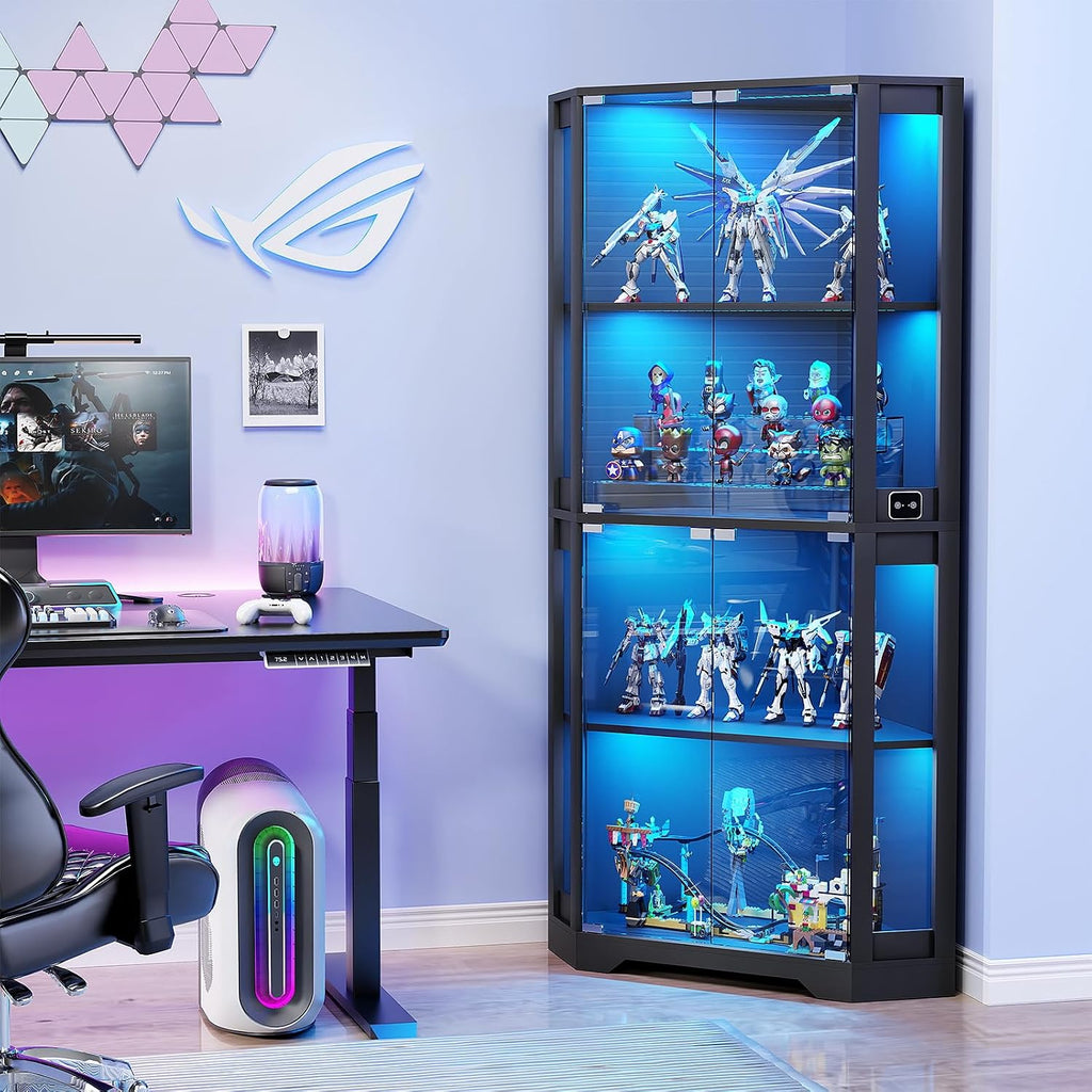 Black Corner LED Sensor Glass Display Cabinet
