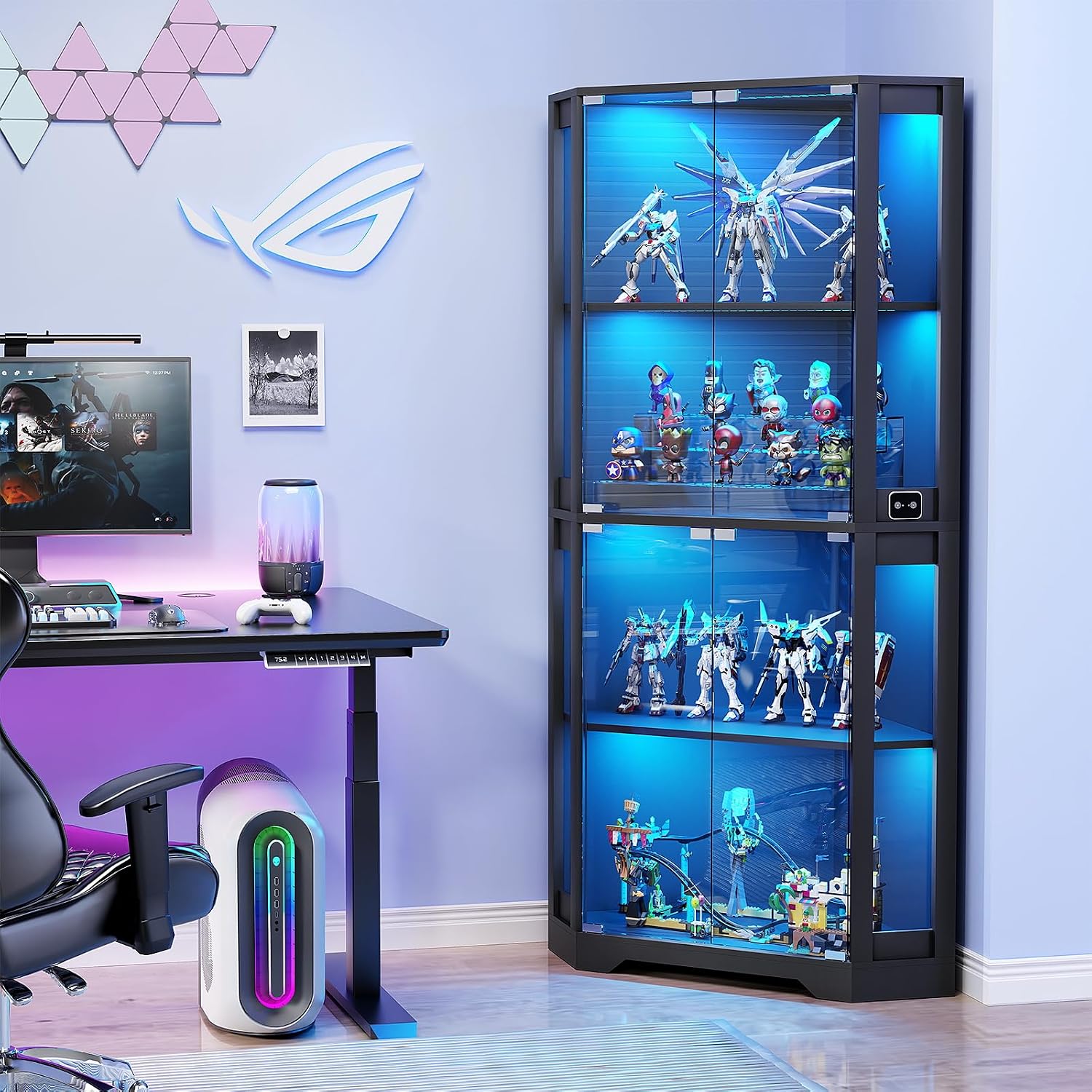 Black Corner LED Sensor Glass Display Cabinet