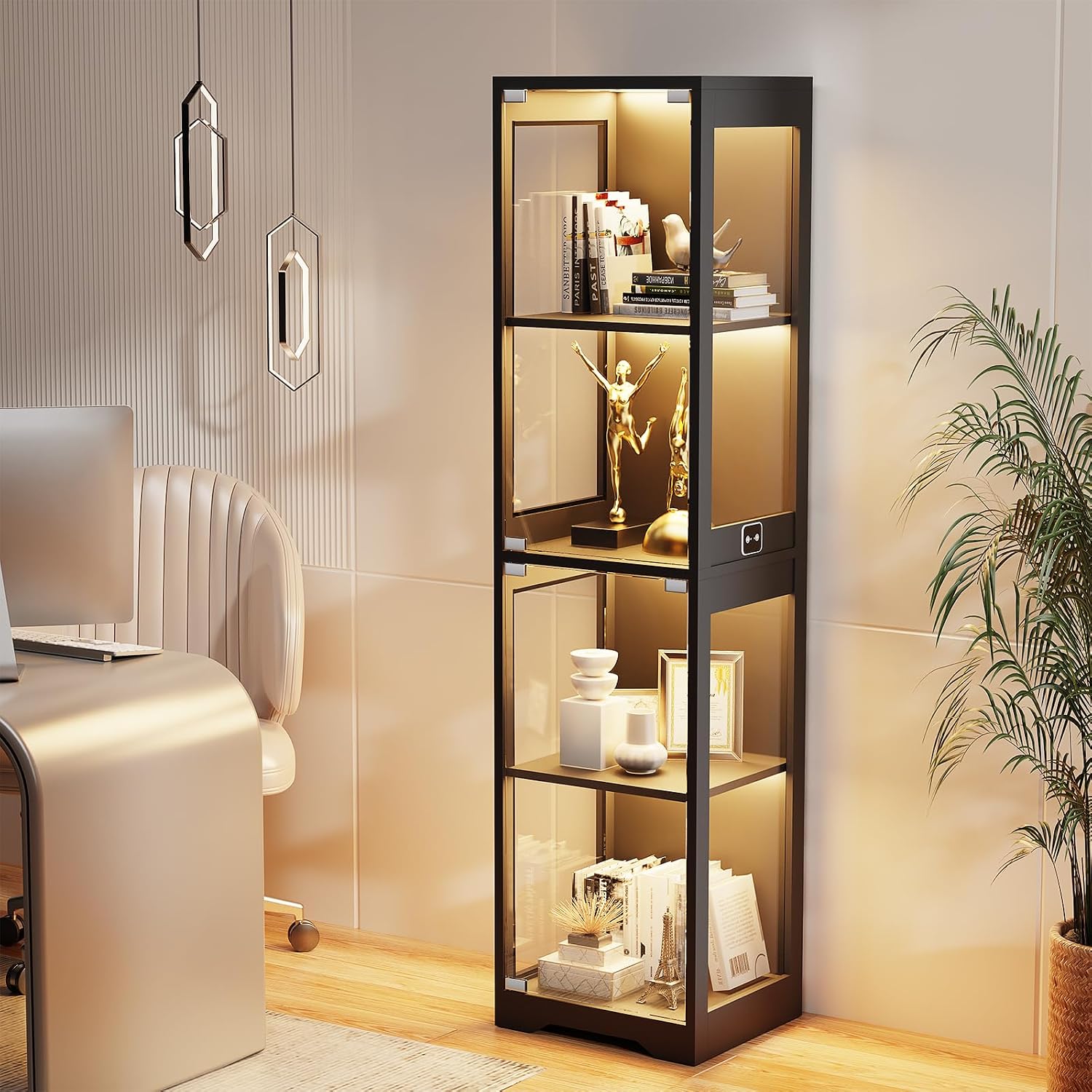 Black LED Motion Sensor Glass Display Cabinet
