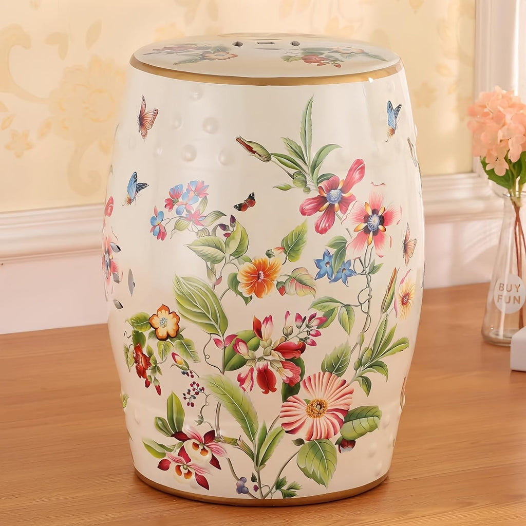 White Floral Butterfly Ceramic Drum Stool