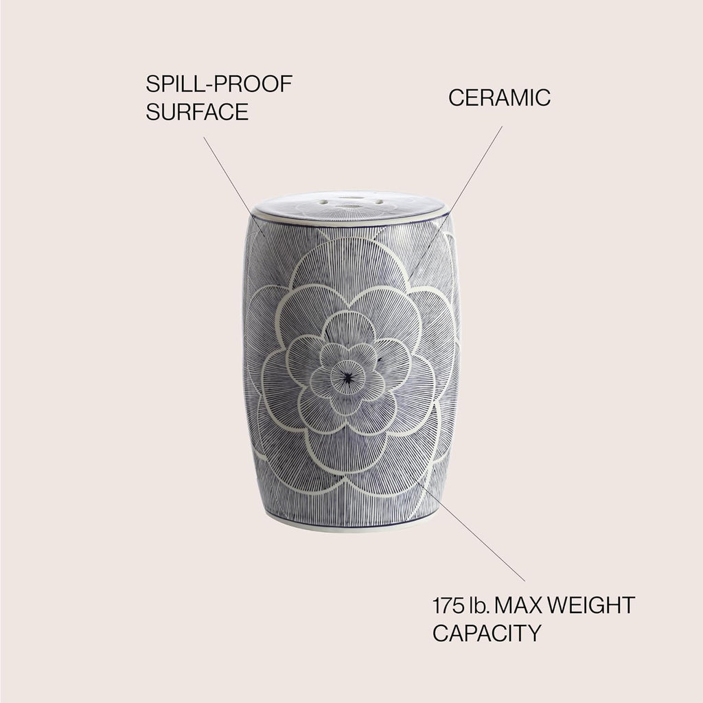 Blue White Floral Pierced Ceramic Drum Stool