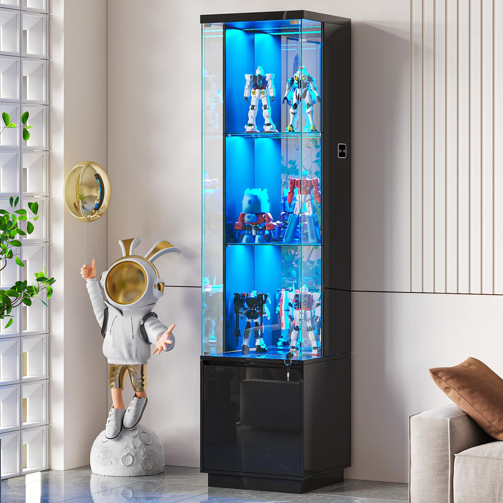 Black Tall Lockable LED Glass Display Cabinet